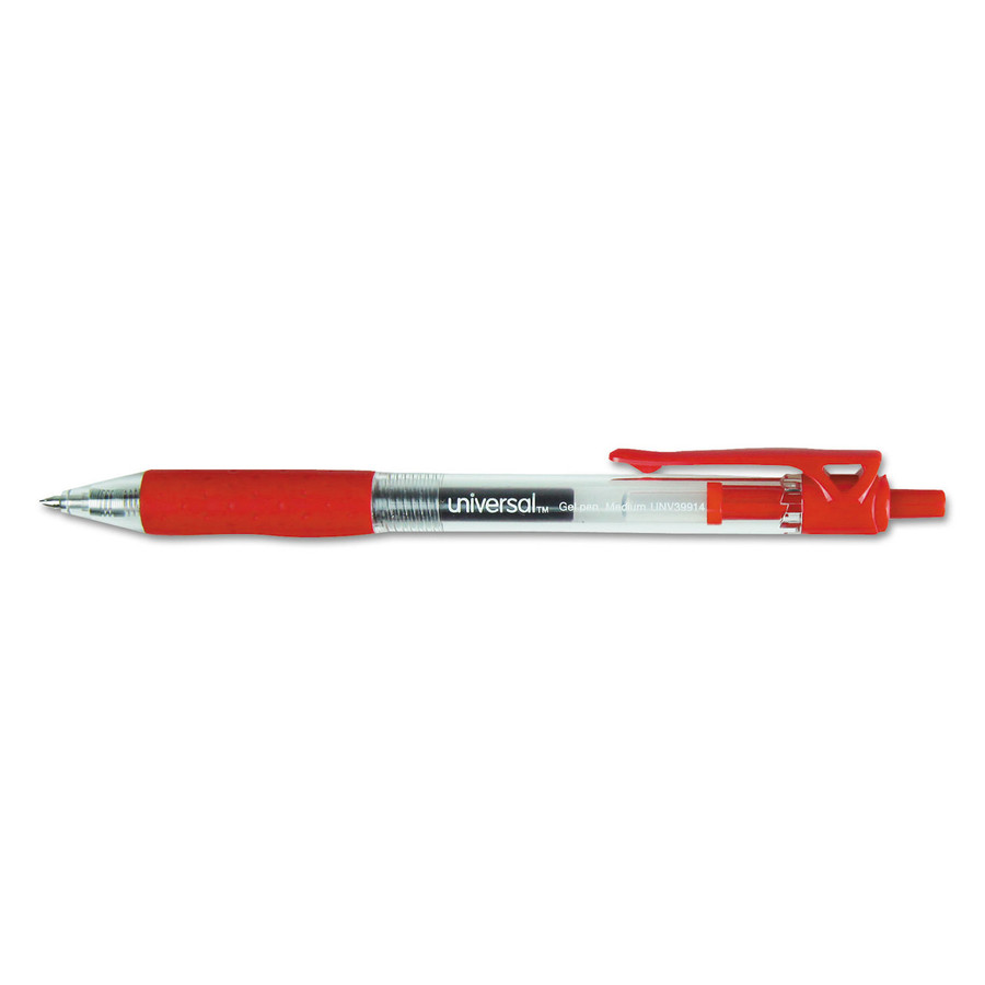 Universal UNV39914 Comfort Grip Retractable Gel Pen, 0.7mm, Red Ink, Translucent Red Barrel, Dozen