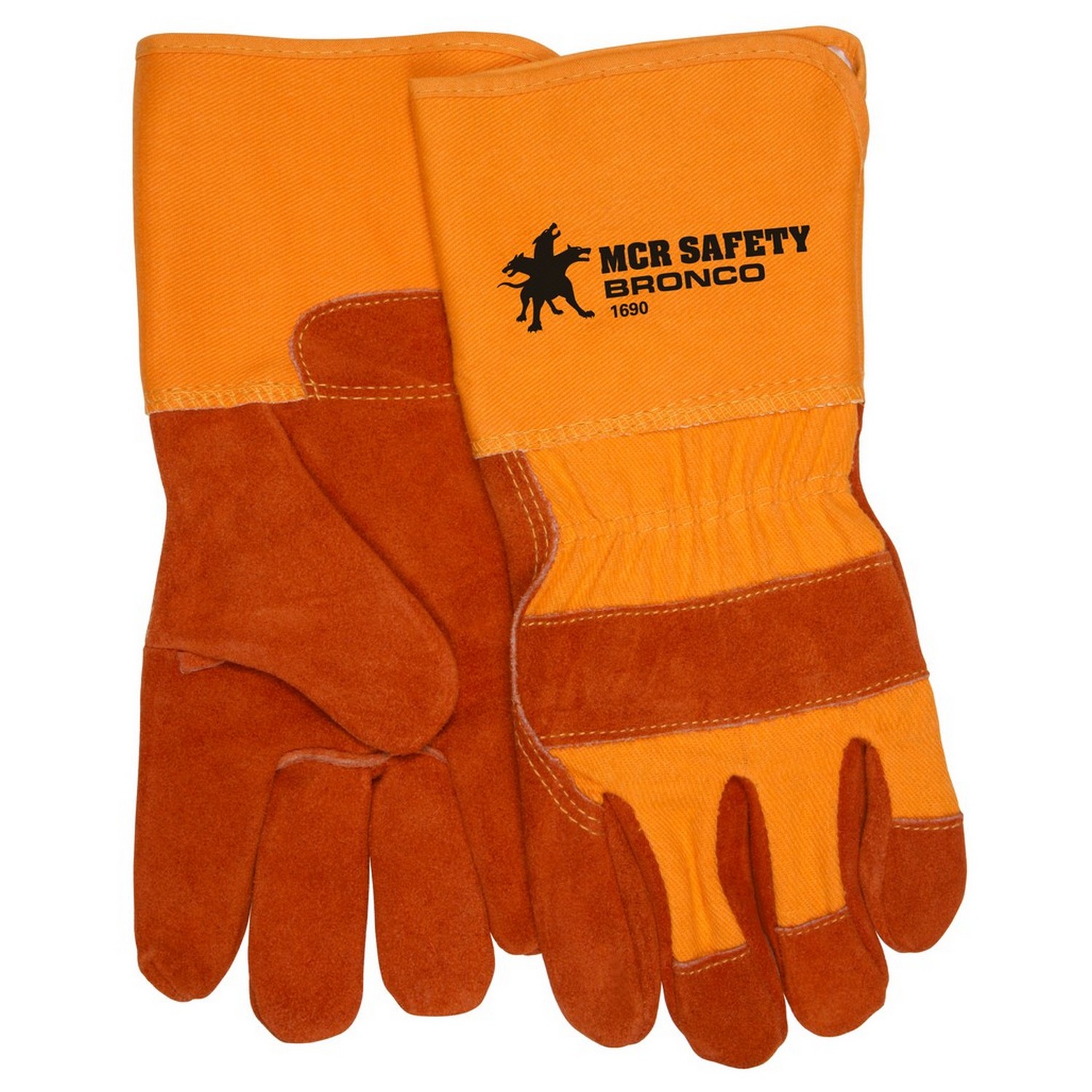 MCR Safety 1690 Bronco, Brown Leather, Yellow Fabric, 4.5" Rubberized Gauntlet Cuff