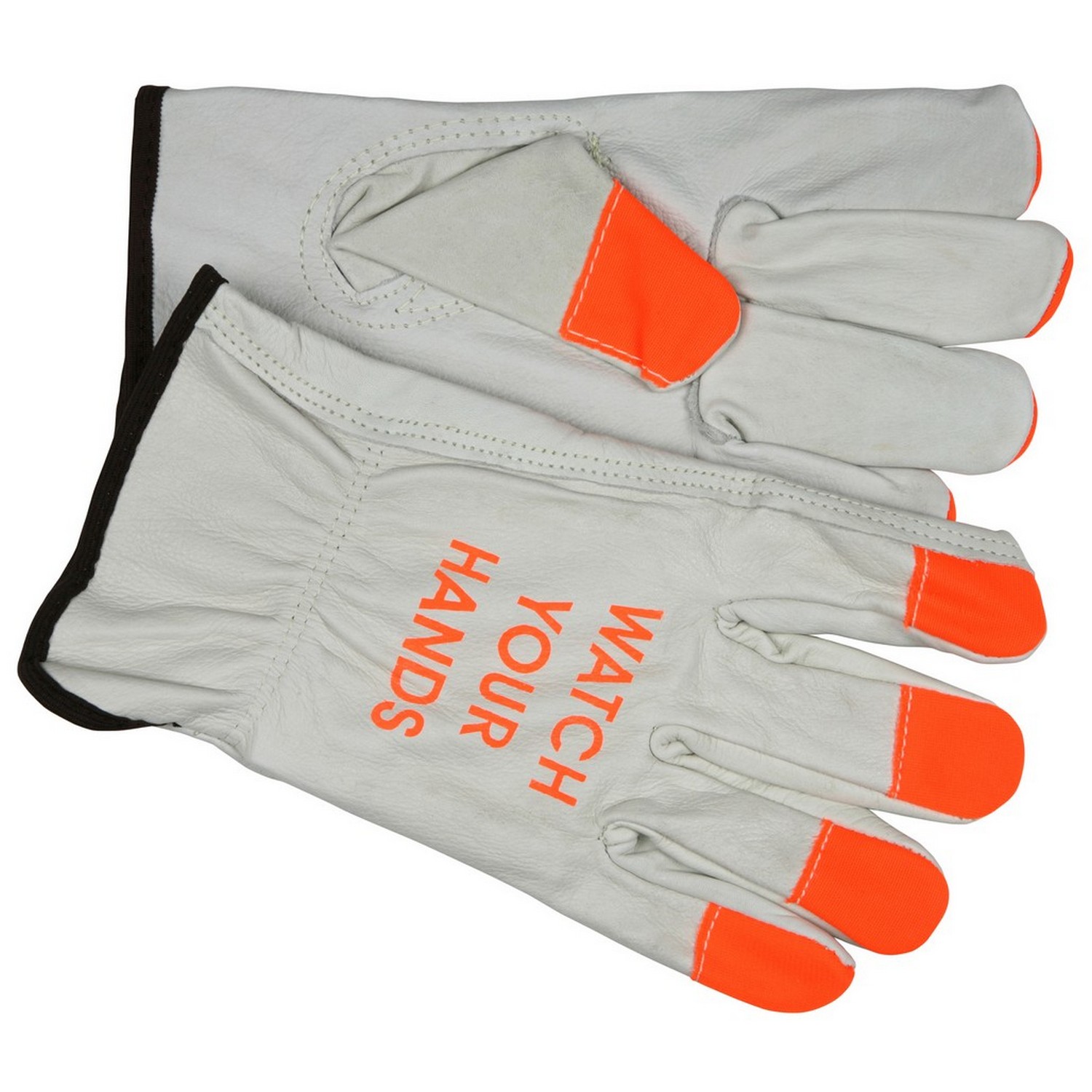 MCR Safety 3215HVIS Driver Glove, Economy Grade Grain Leather, Watch Your Hands Logo, Orange Fingertips