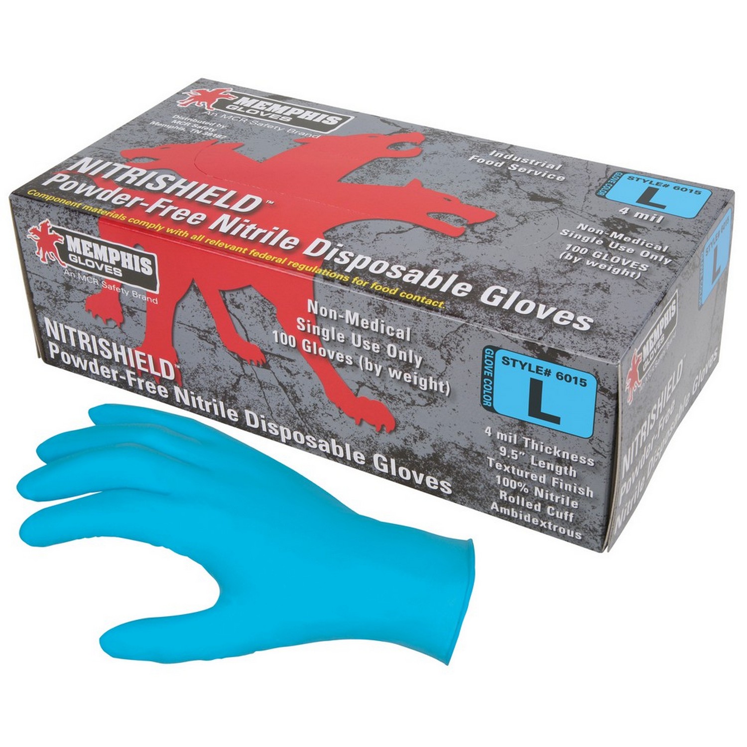 MCR Safety 6015S NitriShield, 4 mil Nitrile Industrial/Food Service Grade, Textured Grip, Powder Free