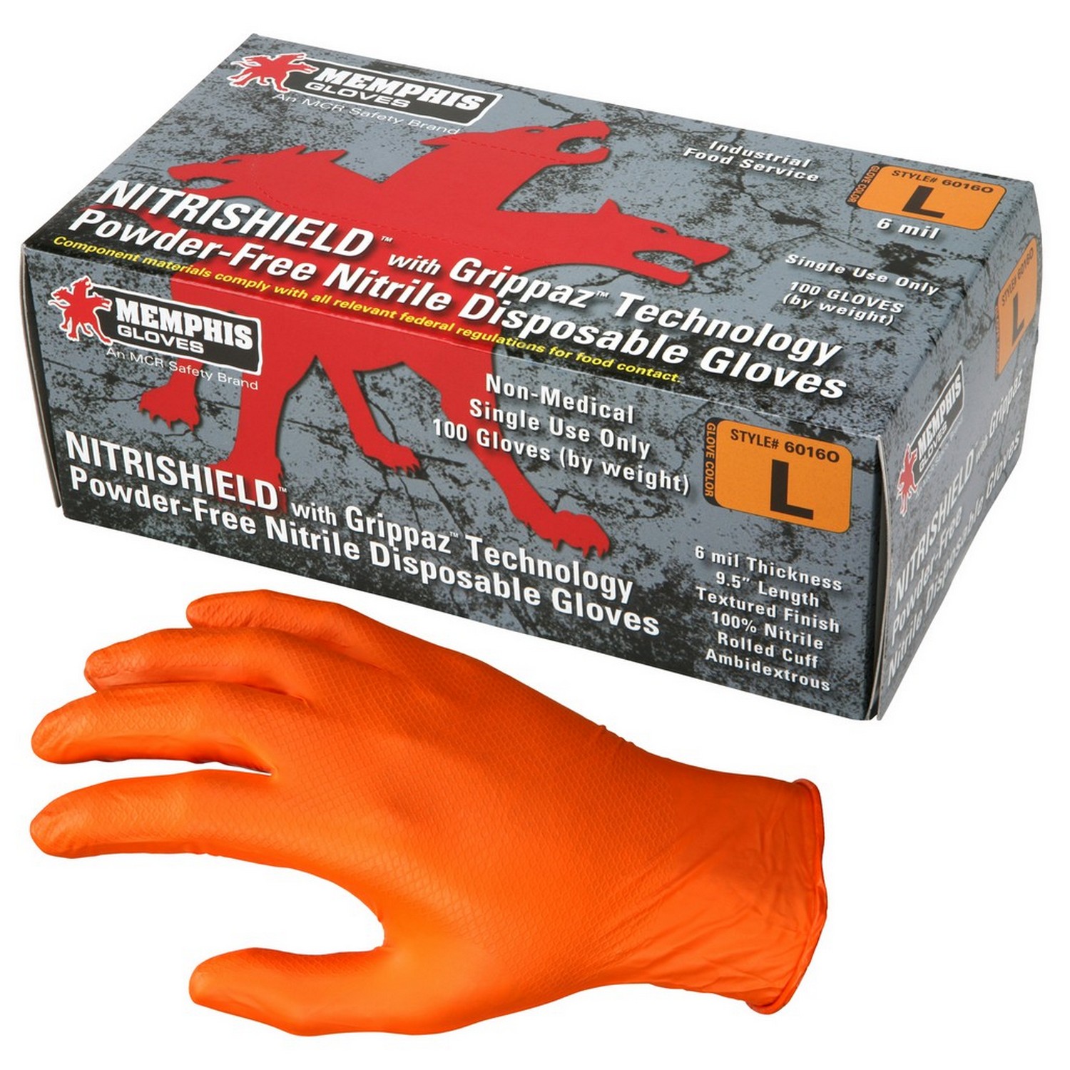 MCR Safety 6016OS NitriShield with Grippaz Technology, Orange Nitrile, 6 mil, 9.5 "
