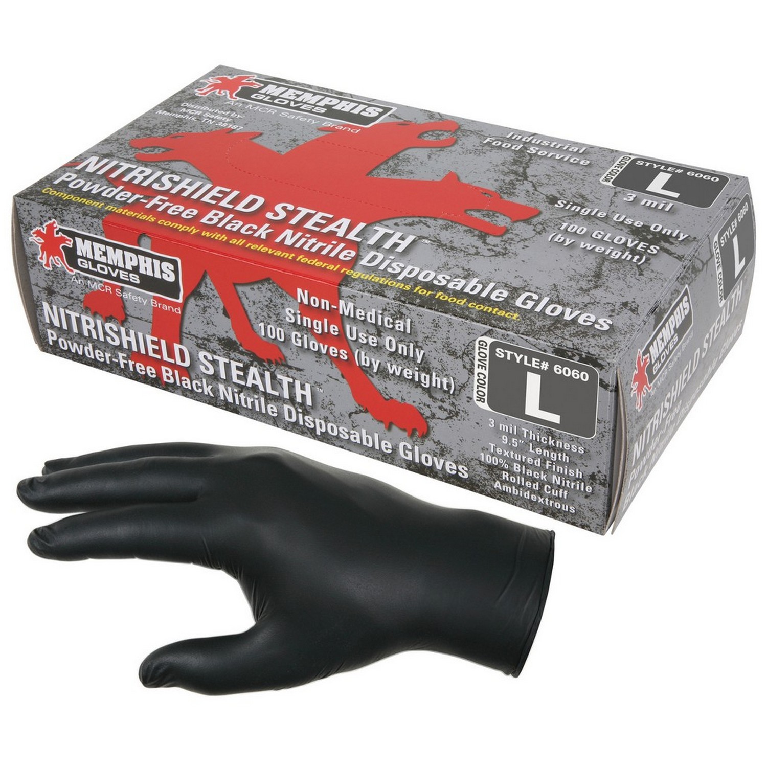 MCR Safety 6060S NitriSheild Stealth, 3 mil Black Nitrile, Industrial/Food Grade, Powder Free