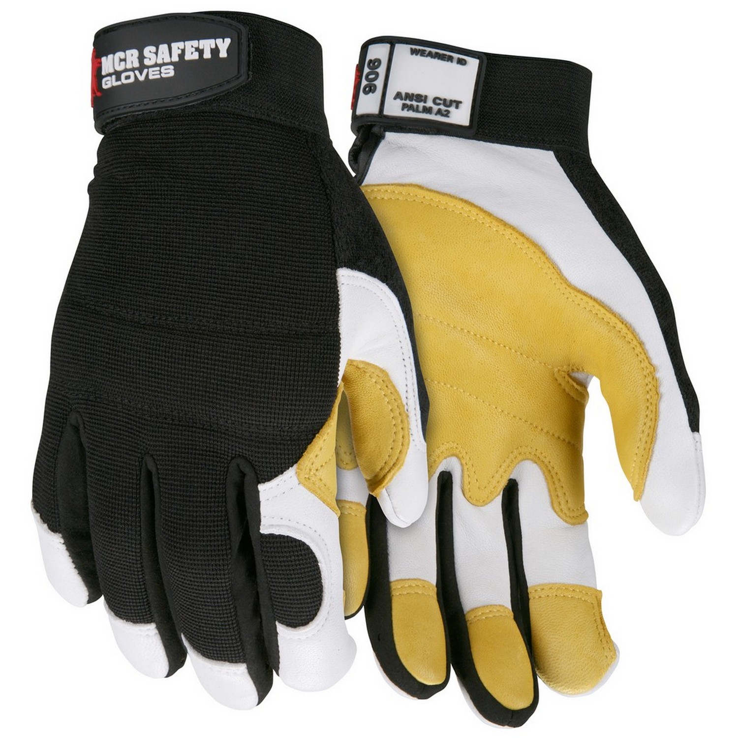 MCR Safety 906S MCR Safety Multi-Task, White grain goatskin palm, yellow palm patch, hook & loop wrist