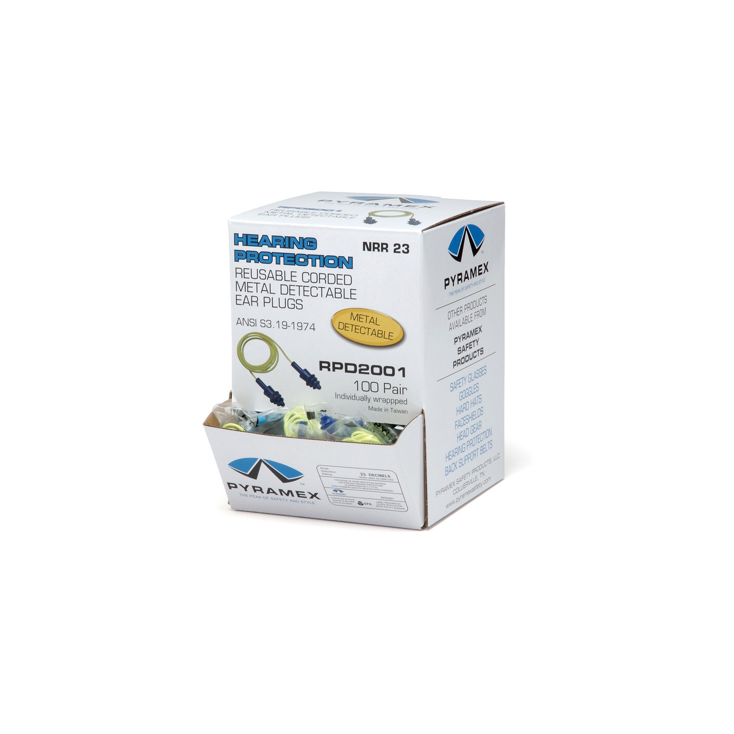 Pyramex Safety RPD2001 Earplugs - Corded Reusable metal detectable earplugs -100 pair/box
