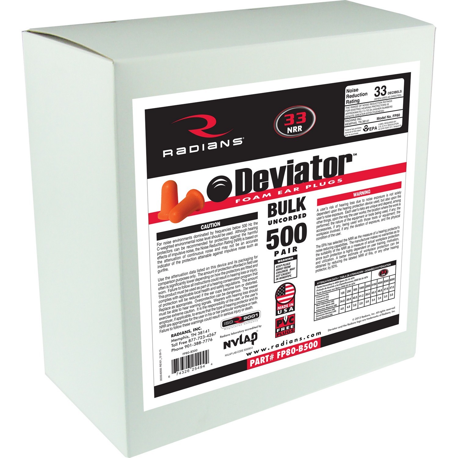 Radians FP80-B500 Deviator Foam Plugs NRR33 500 Pr Refill