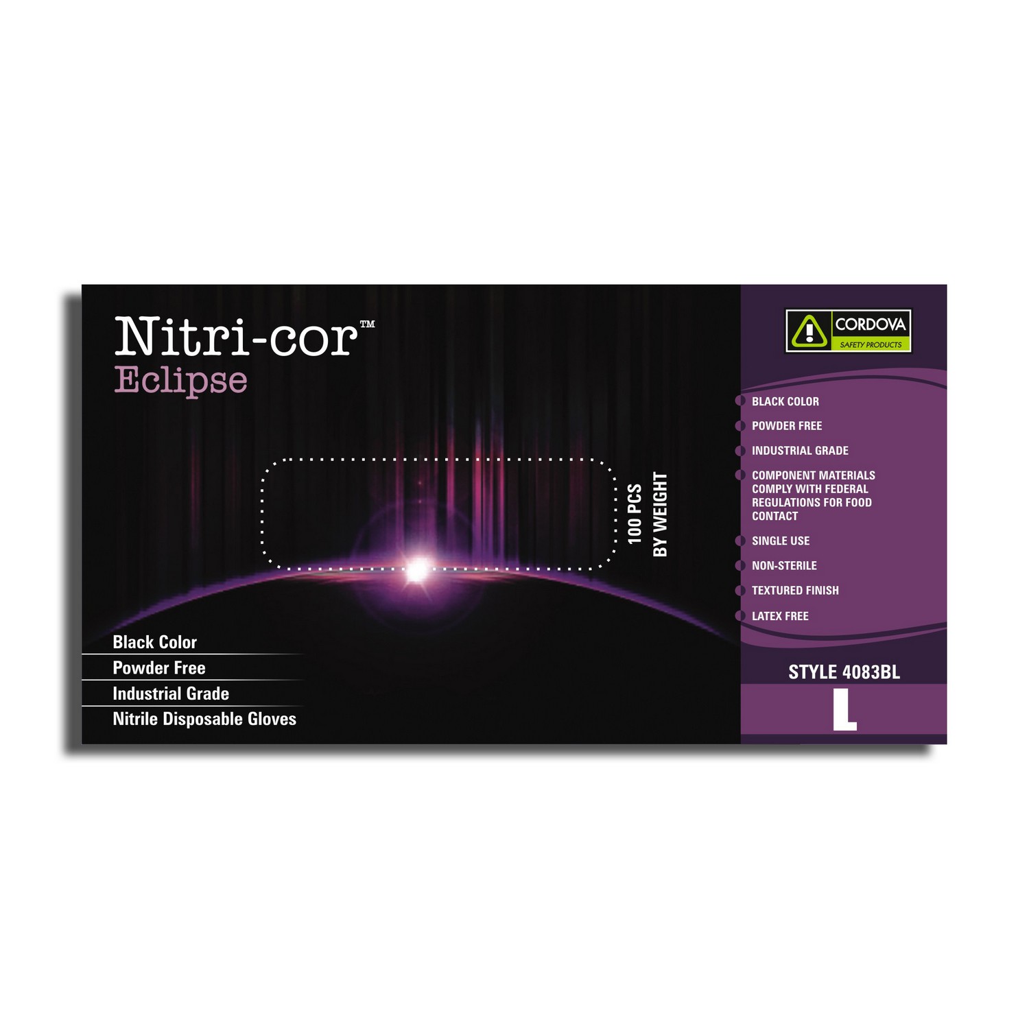 Cordova COR4083B Disposable, Nitri-Cor Eclipse, Industrial, Nitrile, Powder-Free, 4 mil