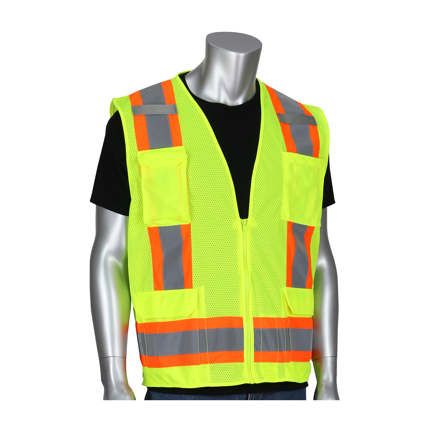 PIP 302-0500M ANSI Type R Class 2 Two-Tone Eleven Pocket Mesh Surveyors Vest Hi-Vis Yellow