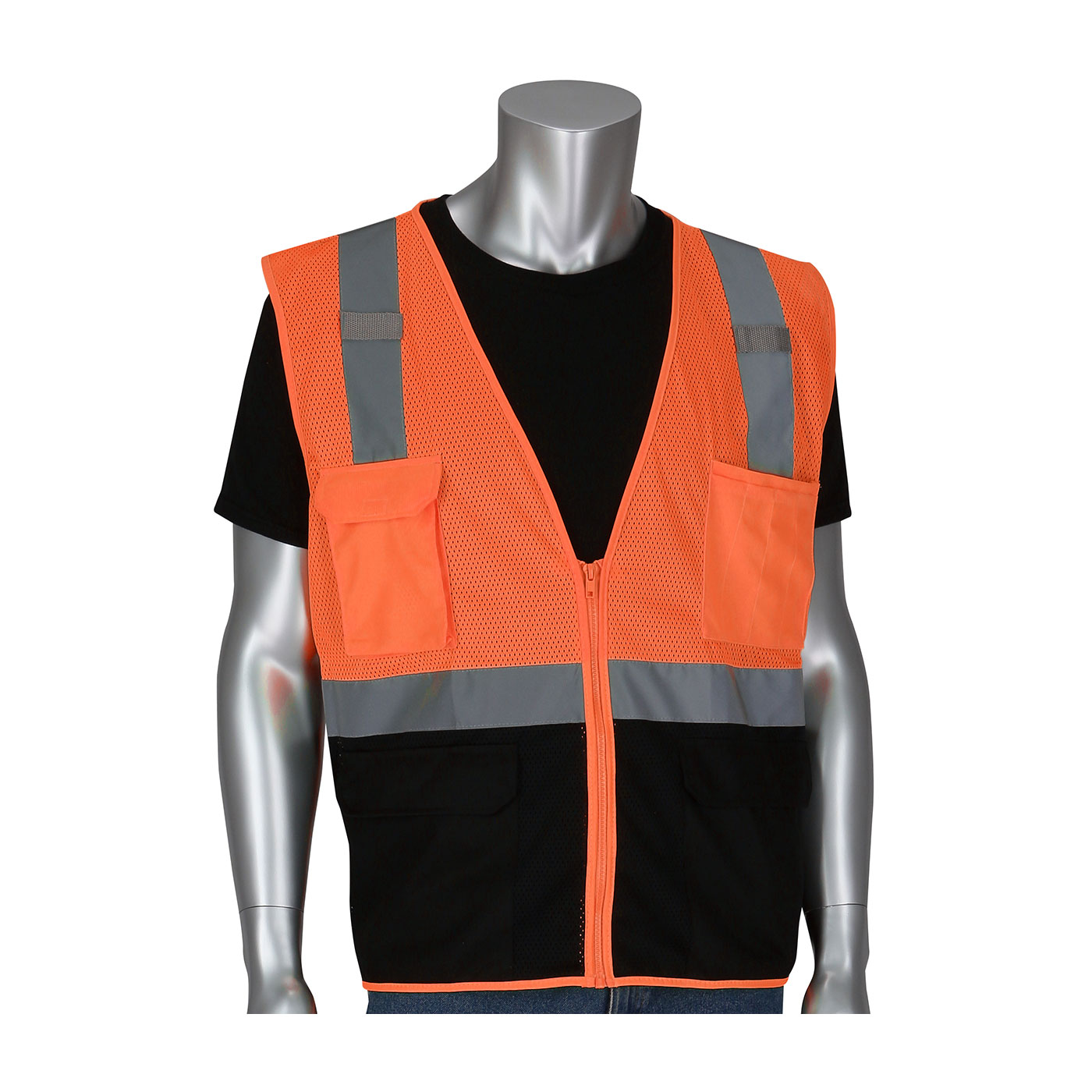 PIP 302-0710B ANSI Type R Class 2 Five Pocket Value Mesh Vest with Black Bottom Front Hi-Vis Orange