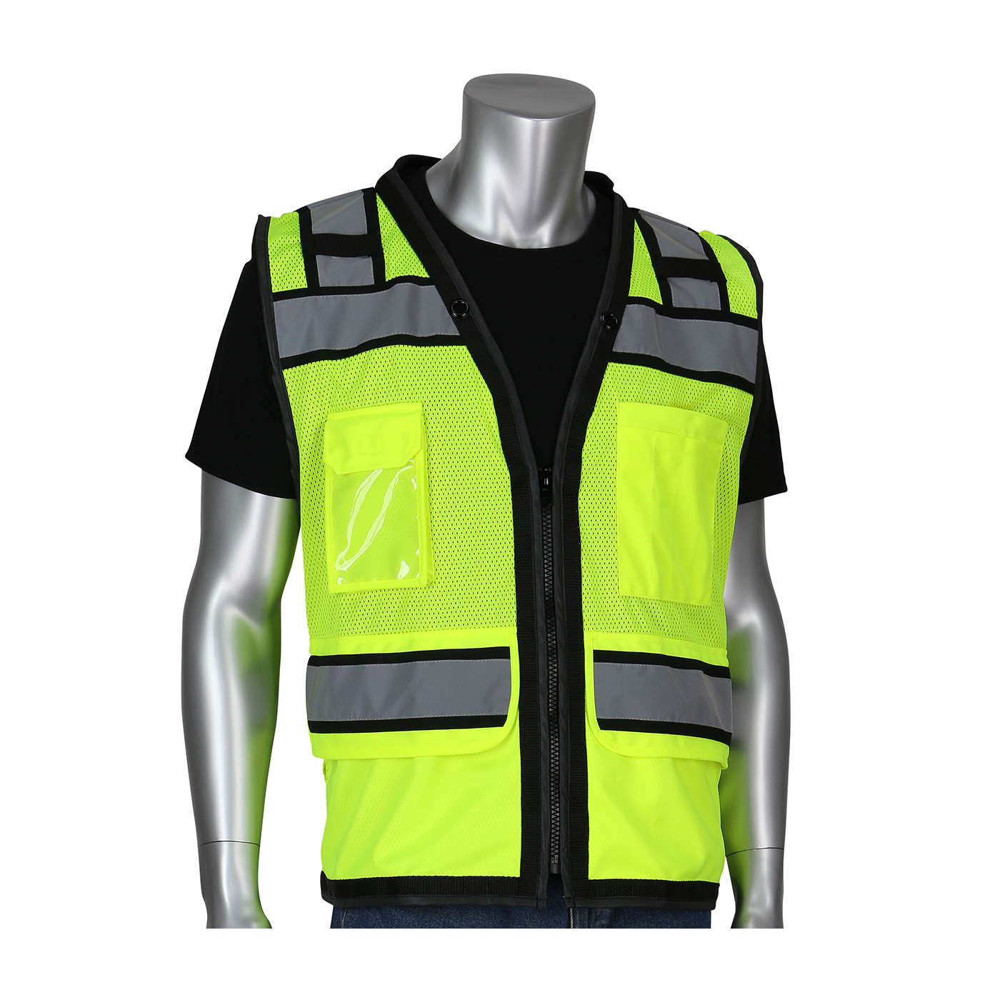 PIP 302-0800D ANSI Type R Class 2 Black Two-Tone Eleven Pocket Tech-Ready Mesh Surveyors Vest with "D" Ring Access Hi-Vis Yellow