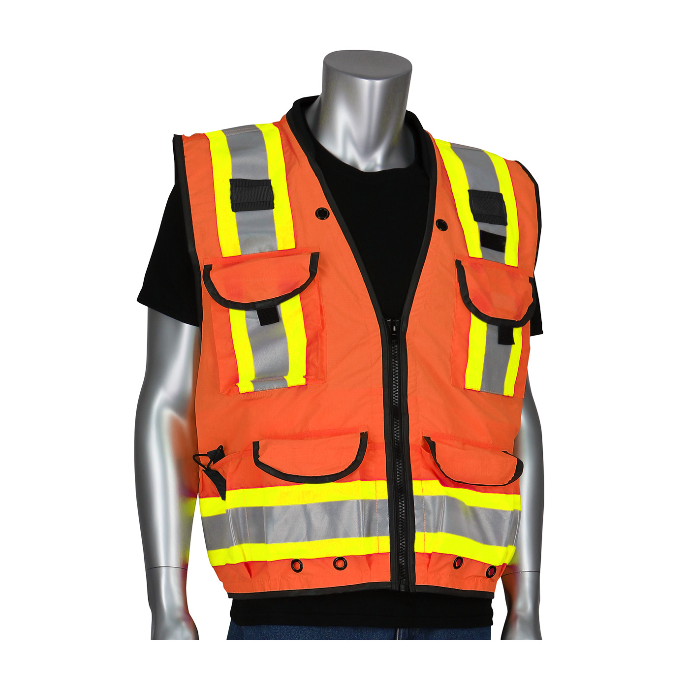 PIP 302-0900 ANSI Type R Class 2 Two-Tone Fifteen Pocket Tech-Ready Ripstop Surveyors Vest with Mesh Back Hi-Vis Orange