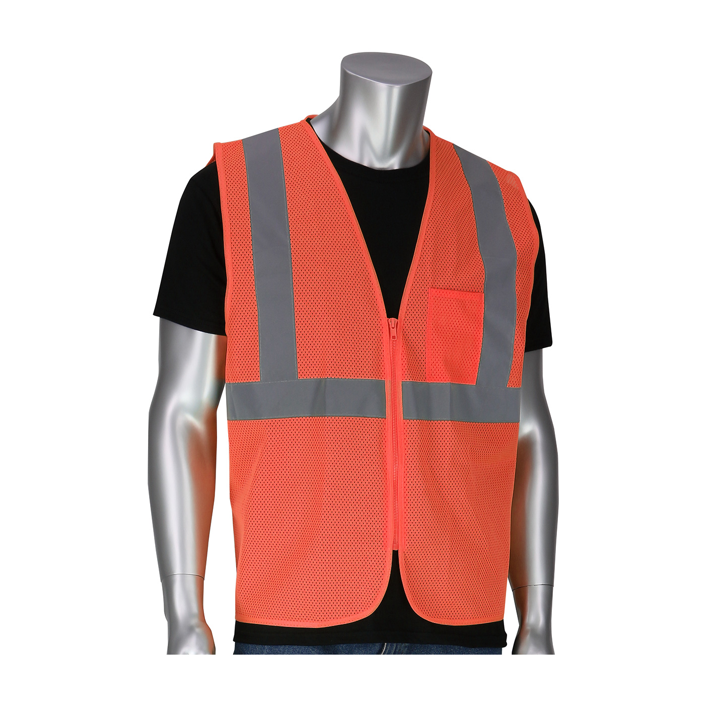 PIP 302-V100 ANSI Type R Class 2 Dual Sized Value Zipper Mesh Vest Hi-Vis Orange