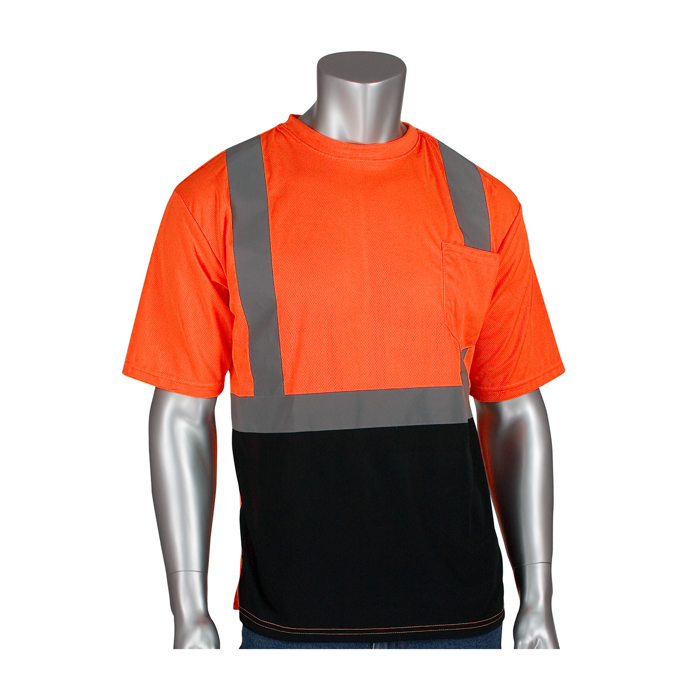 PIP 312-1250B ANSI Type R Class 2 Short Sleeve T-Shirt with 50+ UPF Sun Protection and Black Bottom Front Hi-Vis Orange