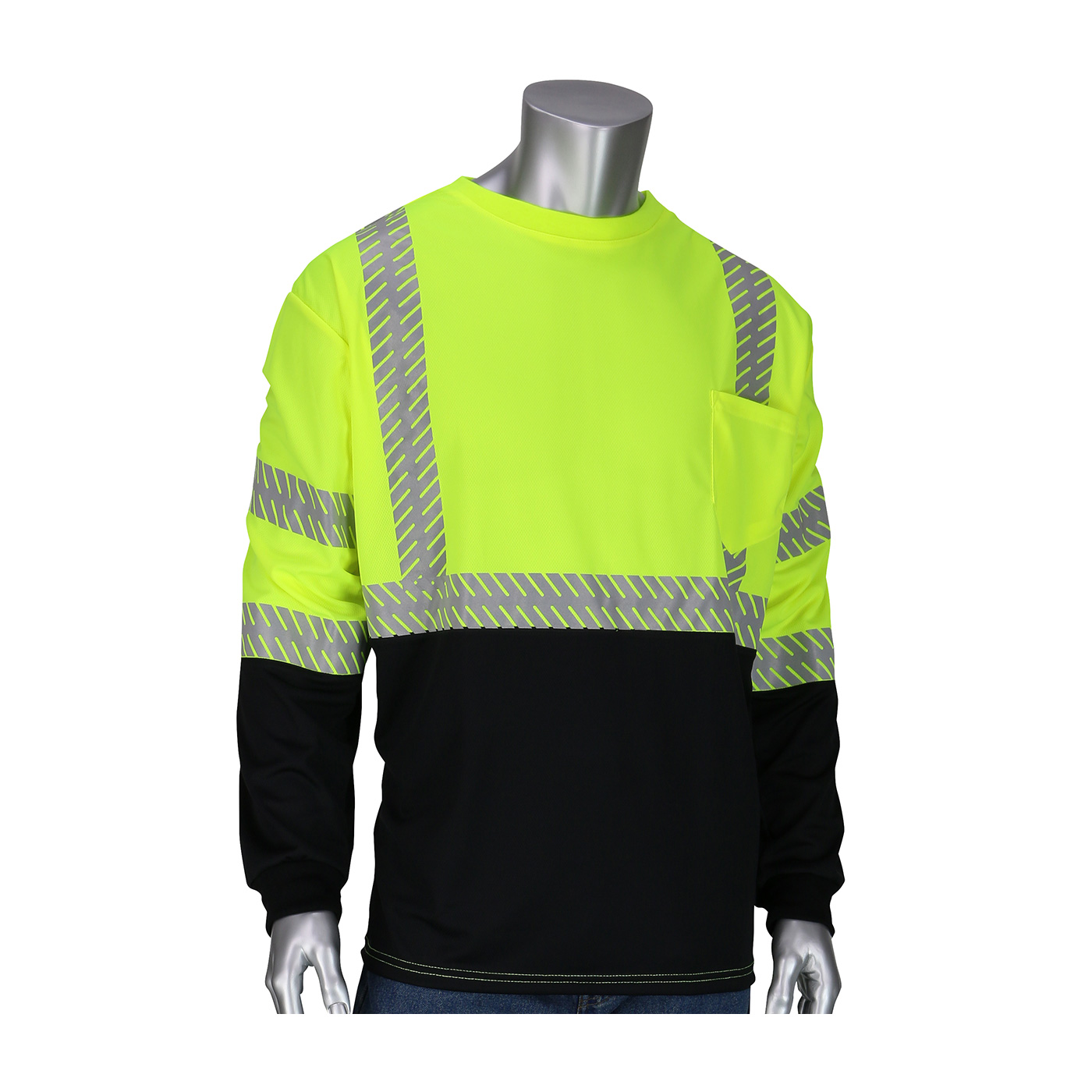 PIP 313-1375B ANSI Type R Class 3 Long Sleeve T-Shirt with 50+ UPF Sun Protection, Built-in Insect Repellent and Black Bottom Front Hi-Vis Yellow