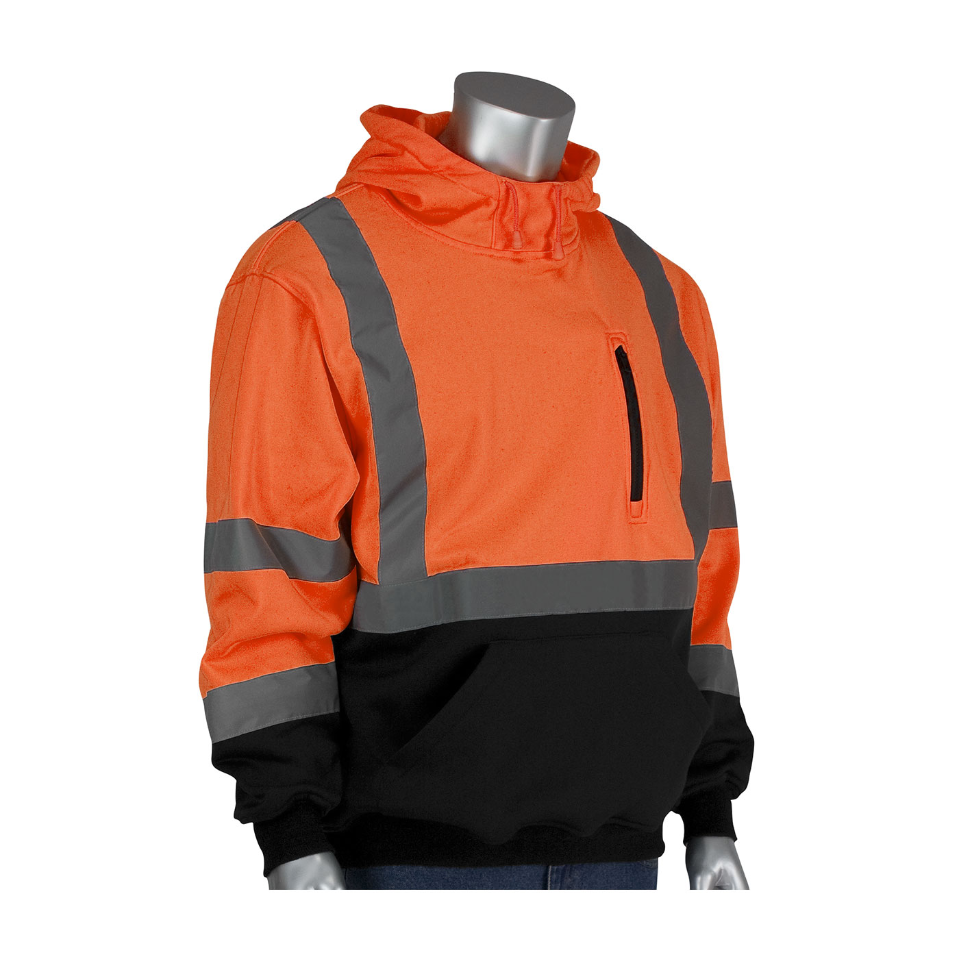 PIP 323-1350B ANSI Type R Class 3 Hooded Pullover Sweatshirt with Black Bottom Hi-Vis Orange