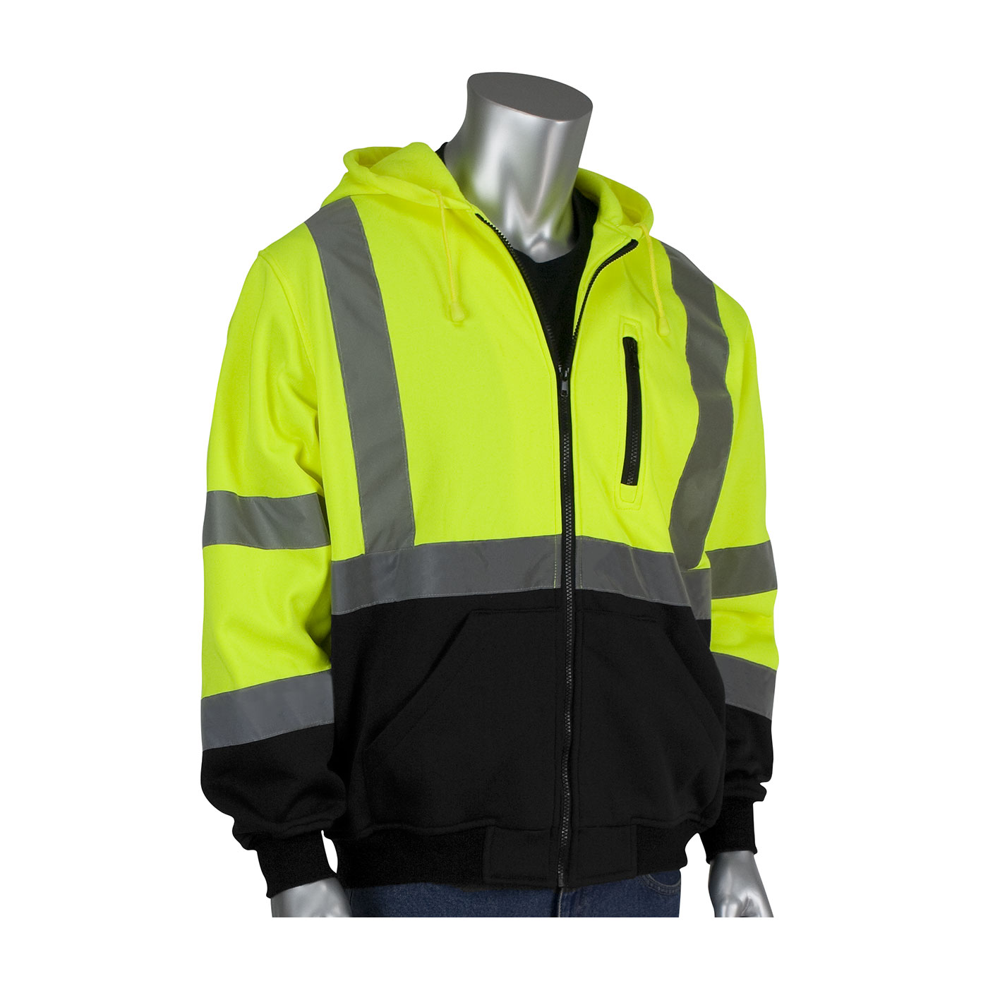 PIP 323-1370B ANSI Type R Class 3 Full Zip Hooded Sweatshirt with Black Bottom Hi-Vis Yellow