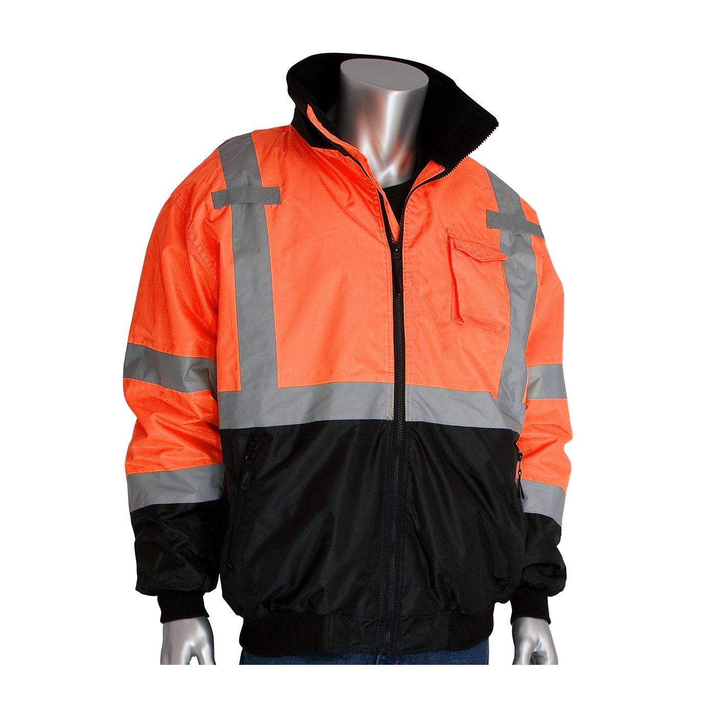PIP 333-1766 ANSI Type R Class 3 Value Black Bottom Bomber Jacket with Zip-Out Fleece Liner Hi-Vis Orange