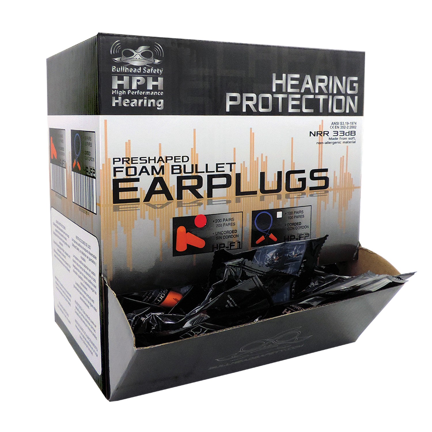 Global Glove HP-F2 - Bullhead Safety Hearing Protection - Corded Polyurethane Foam Earplugs