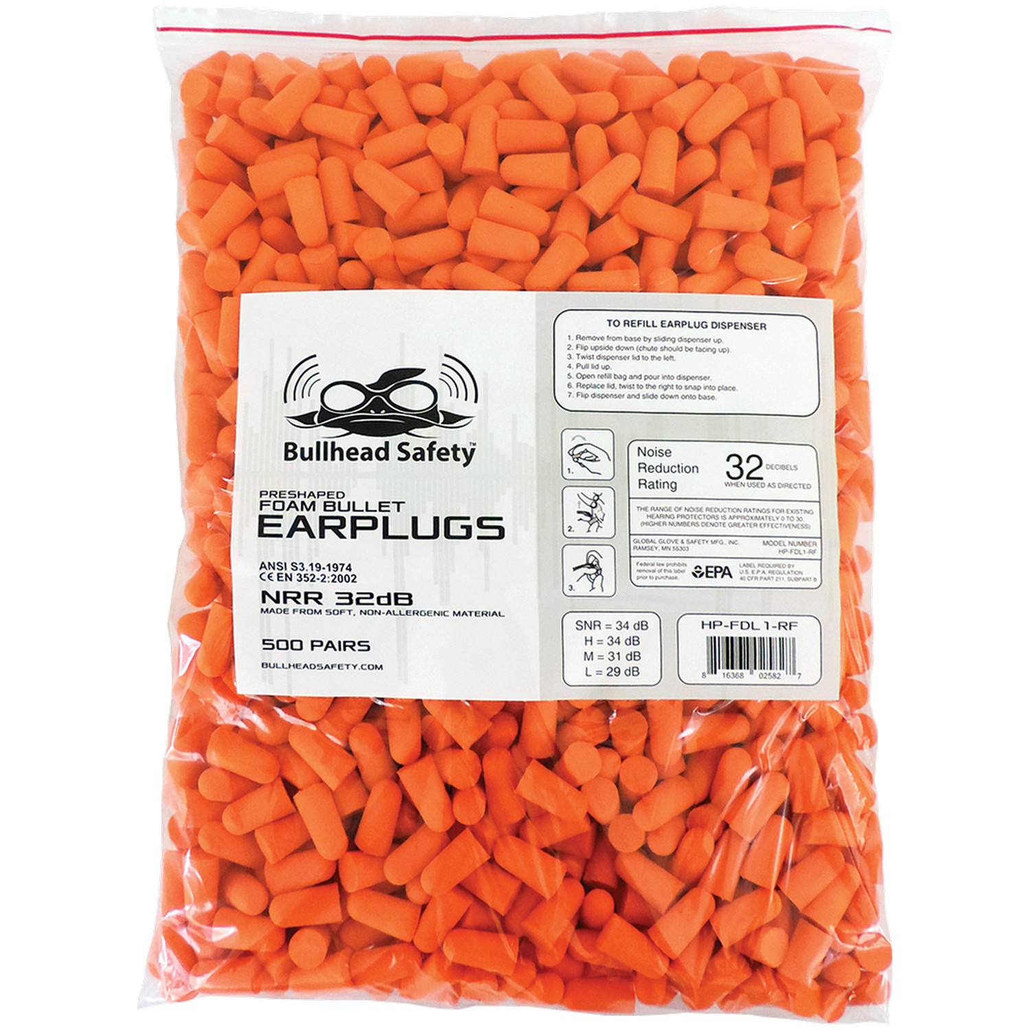 Global Glove HP-FDL1-RF - Bullhead Safety Hearing Protection - 500 Pairs - Foam Earplug Dispenser Refill