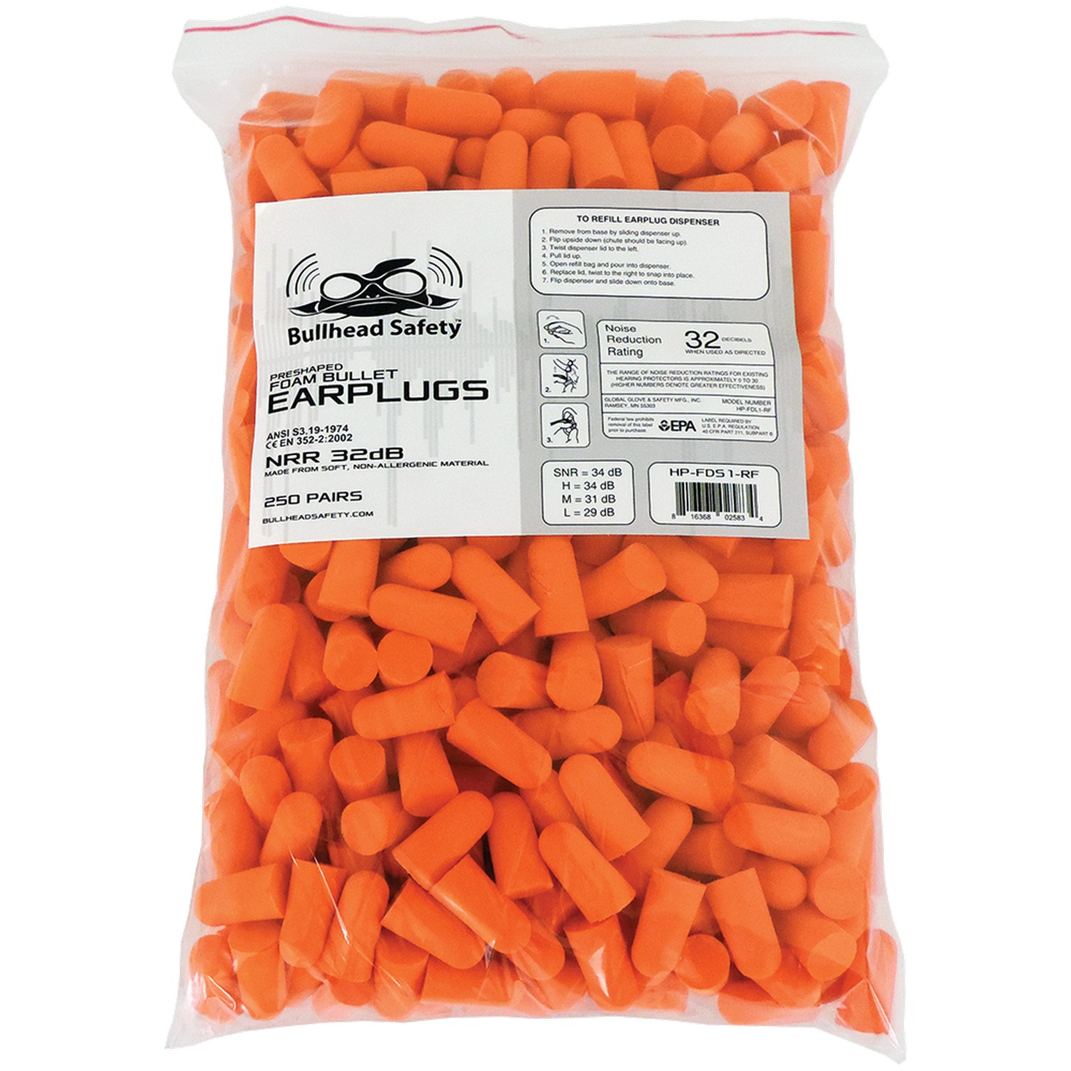 Global Glove HP-FDS1-RF - Bullhead Safety Hearing Protection - 250 Pairs - Foam Earplug Dispenser Refill Bag