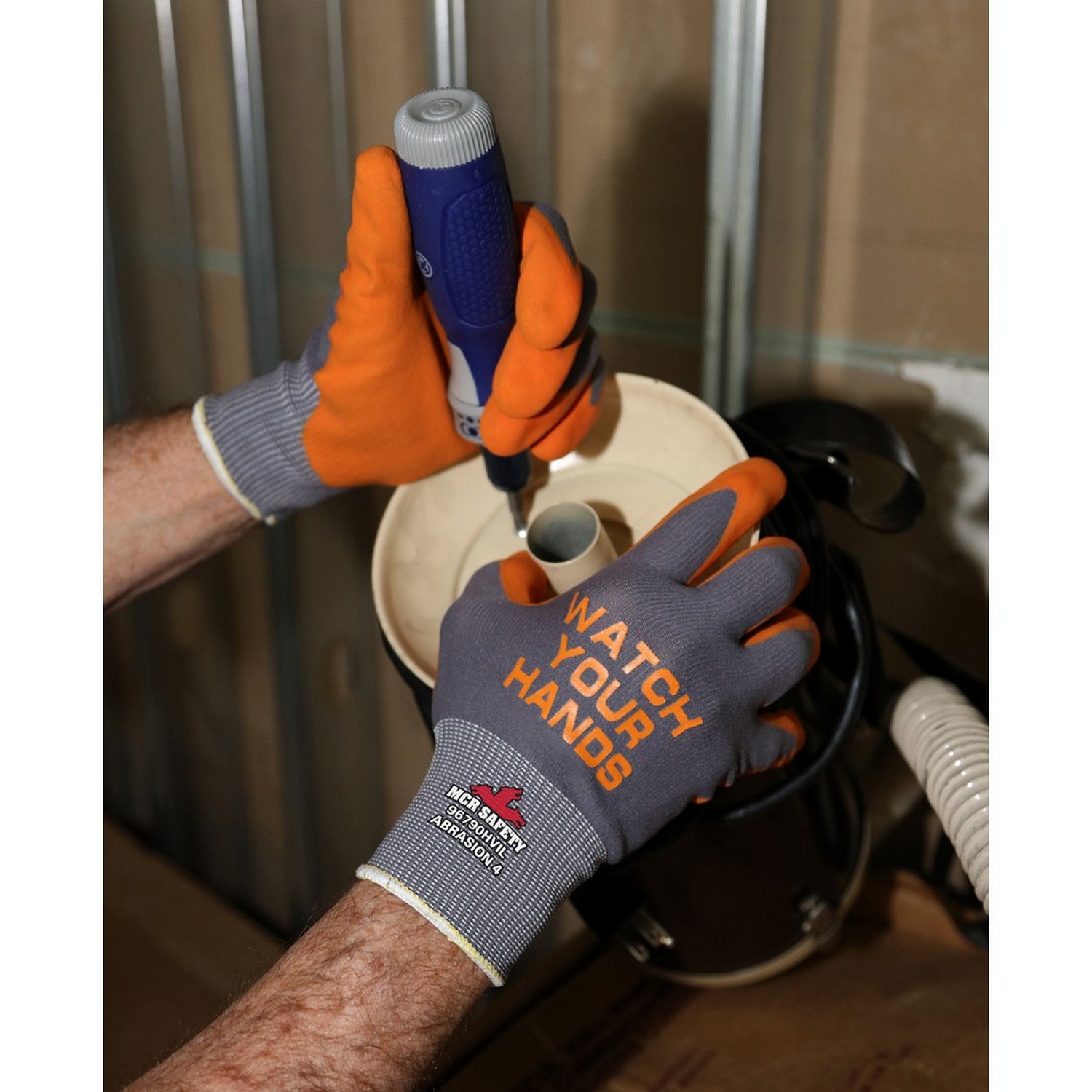 MCR Safety 96790HVIS 15 Gauge Nylon, Nitrile Foam Palm and Fingers, Watch Your Hands logo on Back