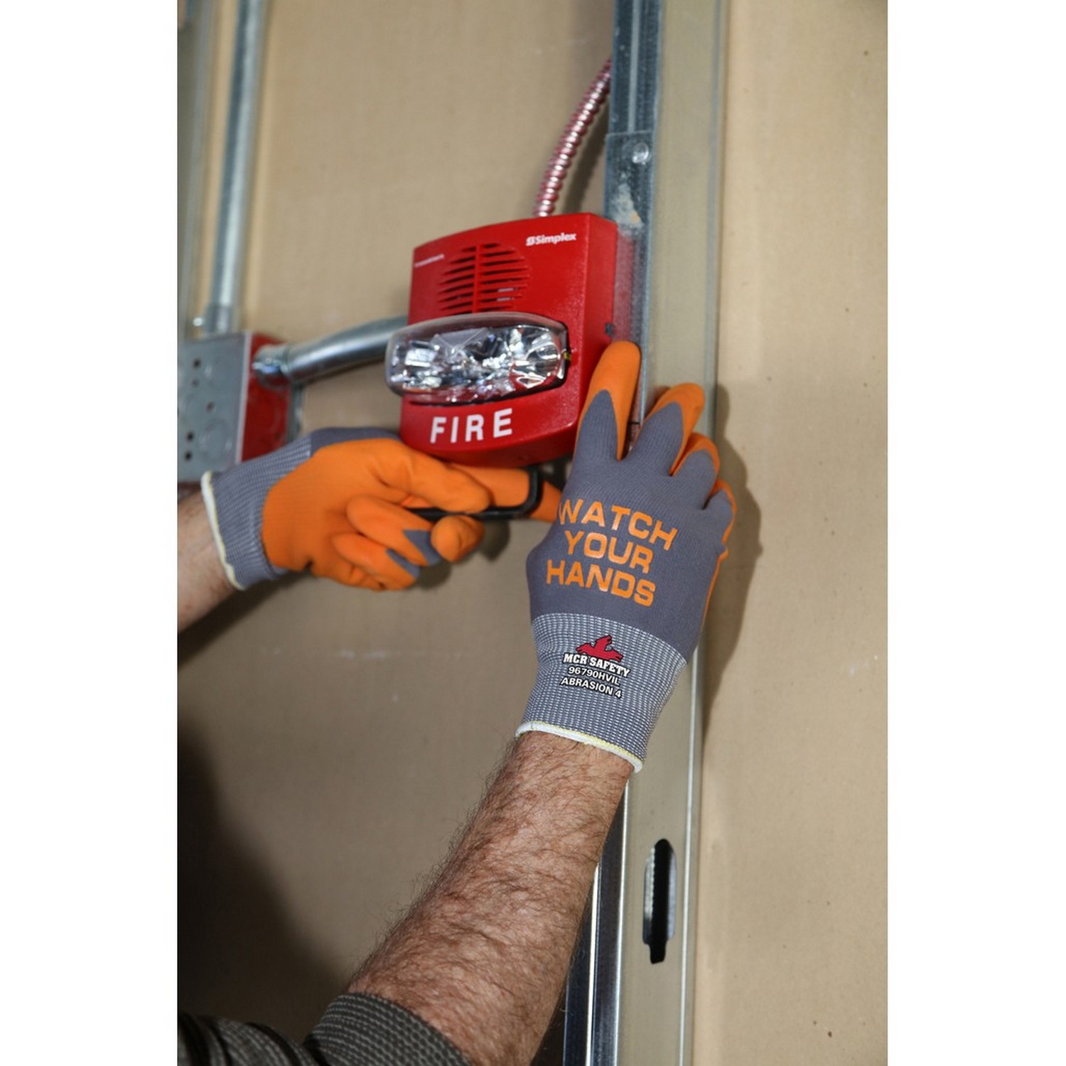 MCR Safety 96790HVIS 15 Gauge Nylon, Nitrile Foam Palm and Fingers, Watch Your Hands logo on Back