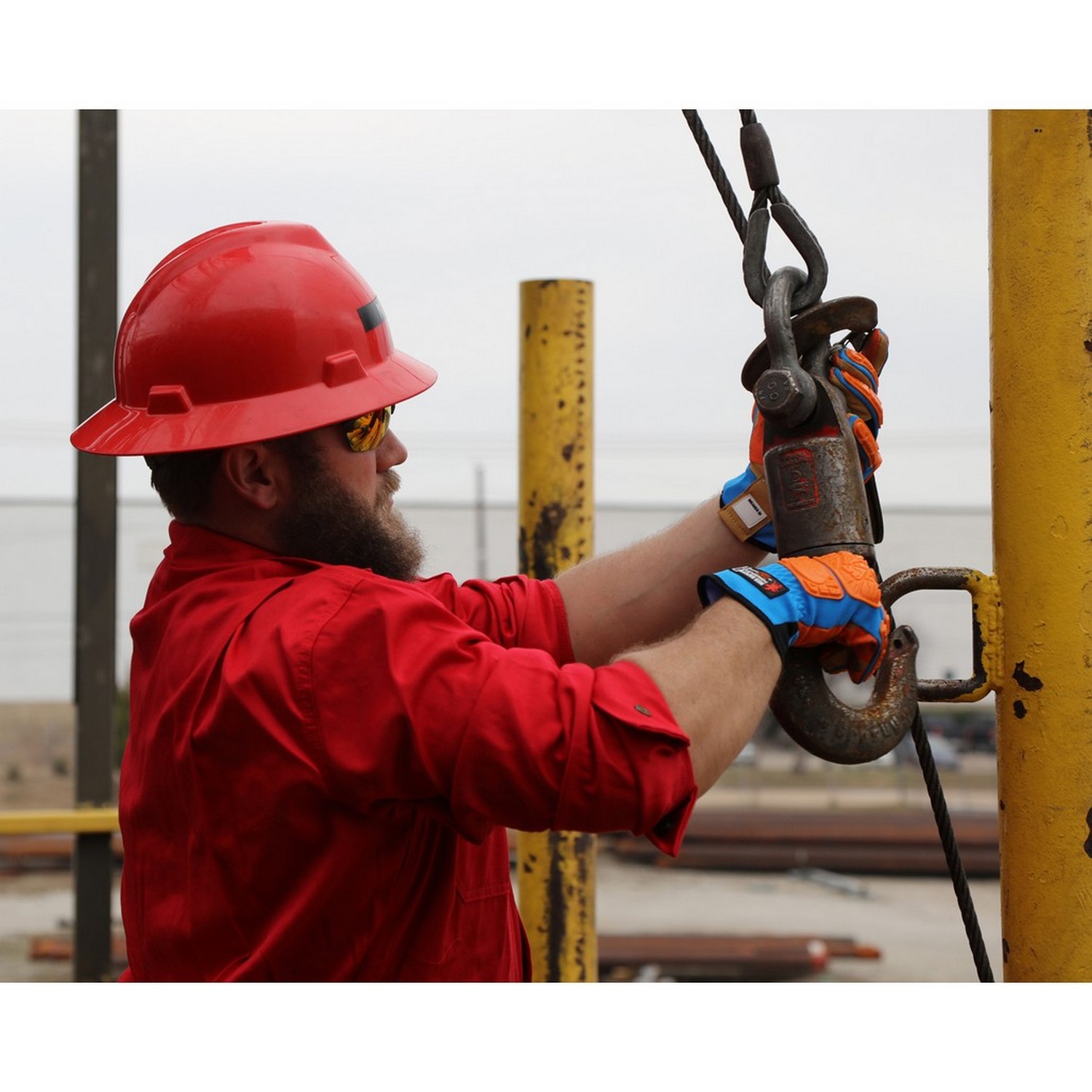 MCR Safety FF2930M MCR Safety Forceflex  Multi-task, D3O back of hand and padded palm, Hi-Vis Aqua blue two-way spandex back, Tan suede synthetic leather palm base layer, Orange grid pattern reinforced grip palm, Slip on cuff, Pull Tab with ID panel for personalization