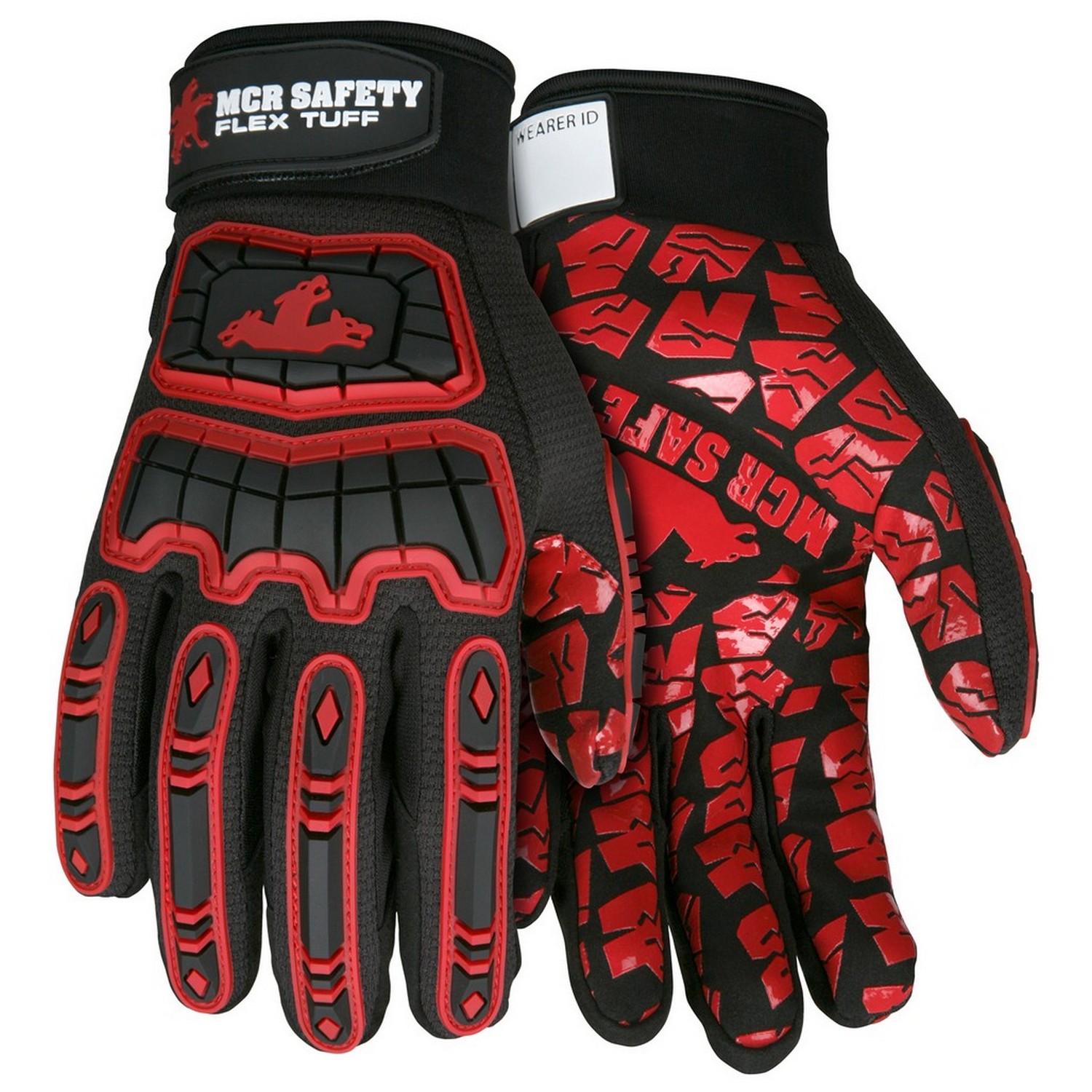 MCR Safety FT2905S TPR Back of Hand Protection, Synthetic Leather palm, Red Silicone Tire Tread grip, Black 2-way Spandex Back, Adjustable Wrist