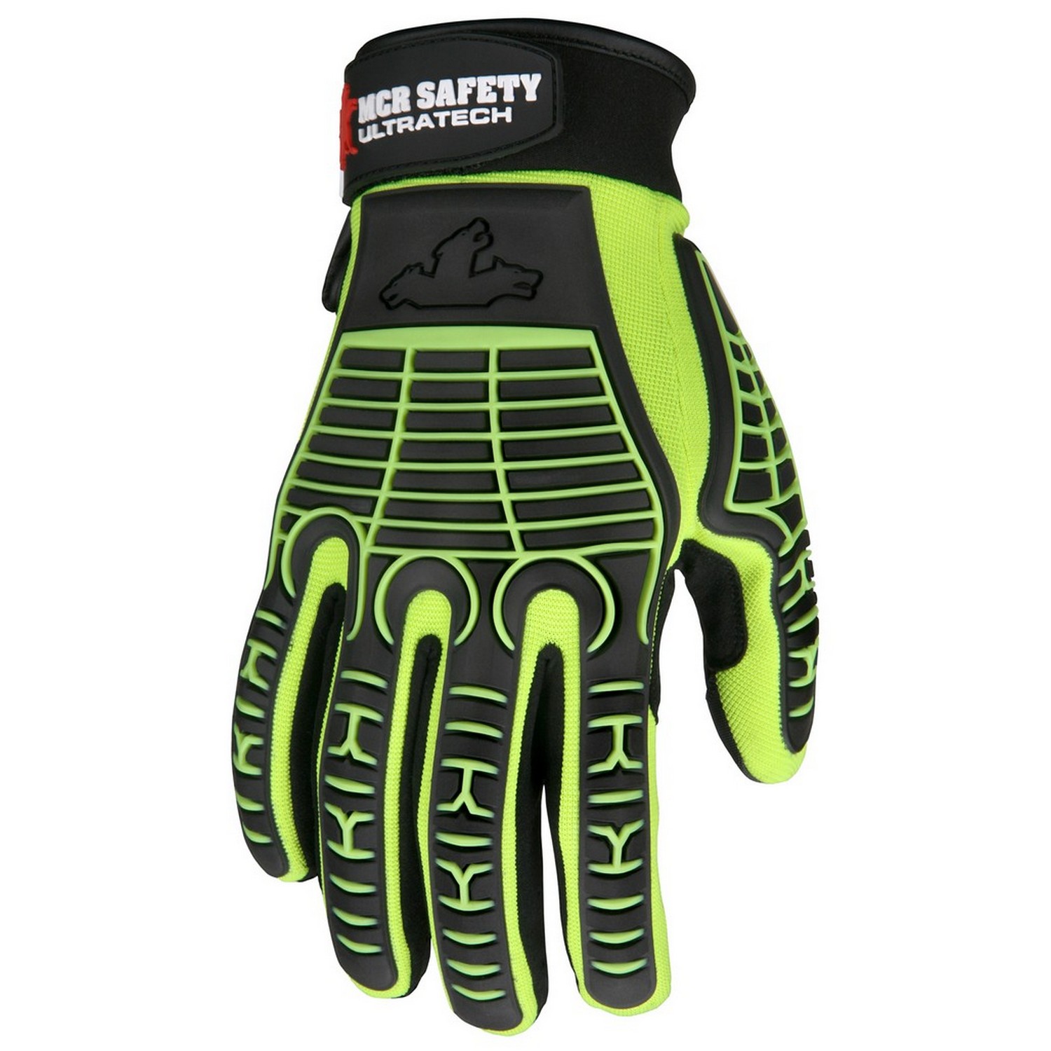 MCR Safety MC502 UltraTech Multi-Task, 2-way hi-vis lime material on the  back, G-shaped palm padding, Exclusive TPR two color design on back of hand