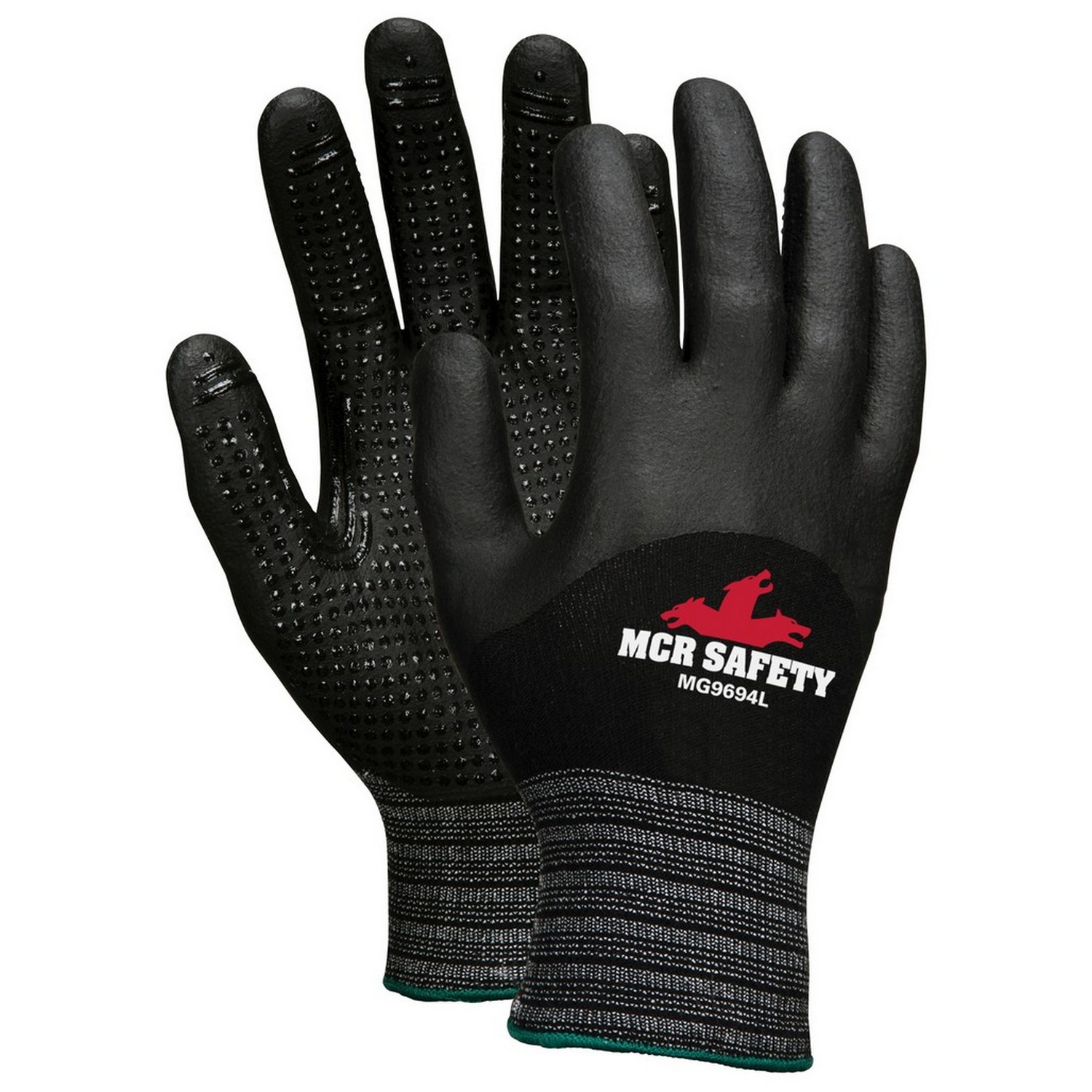 MCR Safety MG9694XS 15 Gauge nylon/spandex shell, black bi-polymer 3/4 dipped, nitrile dots