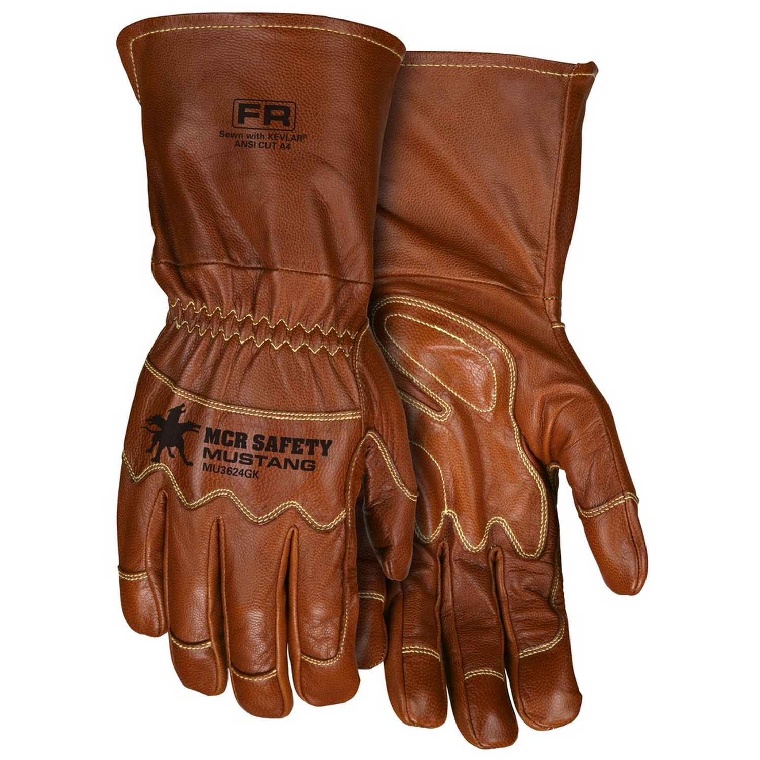 MCR Safety MU3624GKM Mustang Utility Driver, Grain Goat Dbl Palm, Kevlar lined, Kevlar Sewn, Wing Thumb, Gauntlet cuff