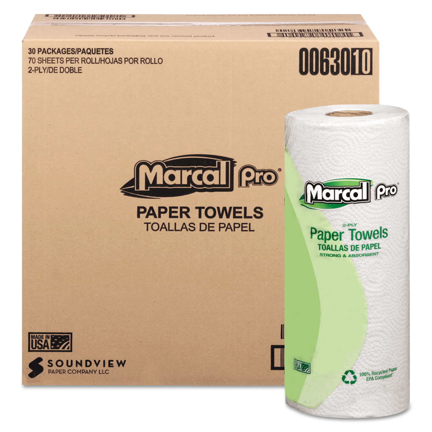 Marcal PRO MRC610 100% Premium Recycled Perforated Towels, 11 x 9, White, 70/Roll, 15 Rolls/Case