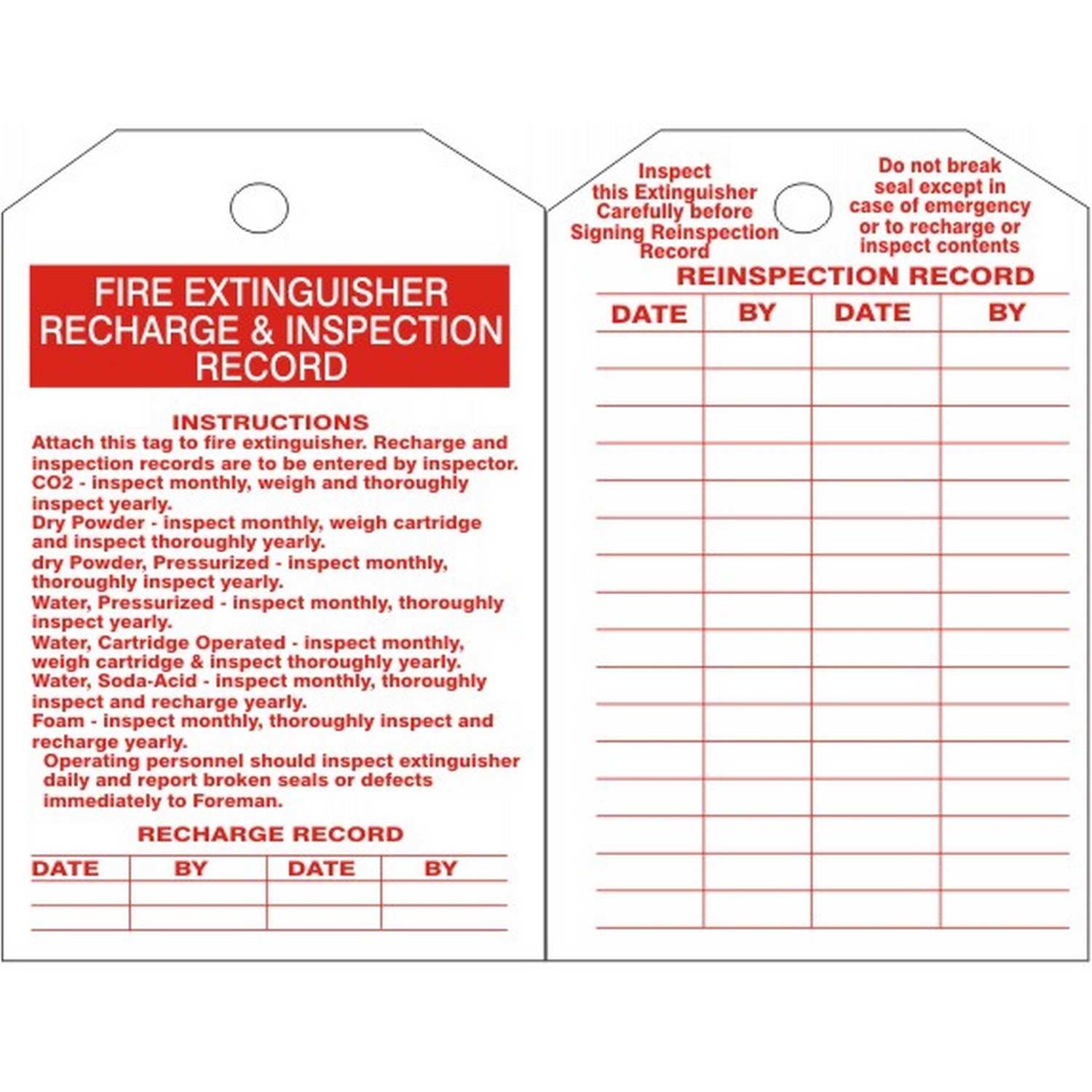 Safehouse Signs TB-206 Fire Extinguisher Recharge And Inspection Tags, 6X3, Tagboard