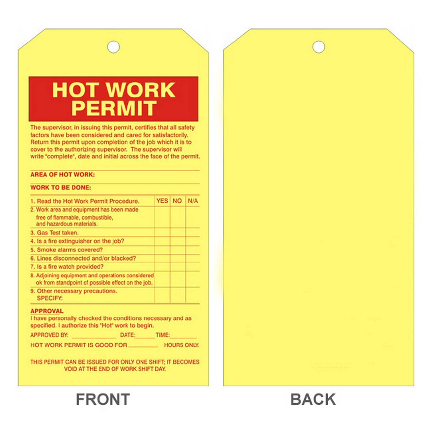 Safehouse Signs TB-403 Hot Work Permit Tag, 7.5X4, Tagboard