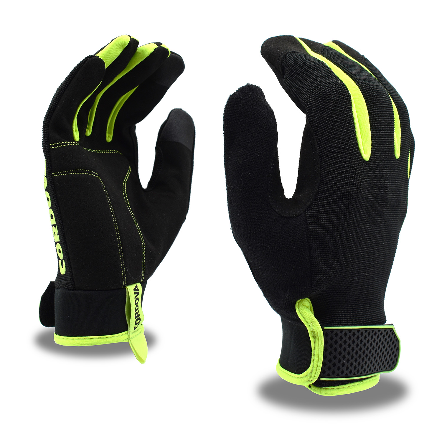 Cordova 99401 Pit Pro, Synthetic Leather With Hi-Vis Green Trim, Padded Palm, Touchscreen Fingers, Hook & Loop Closure Gloves