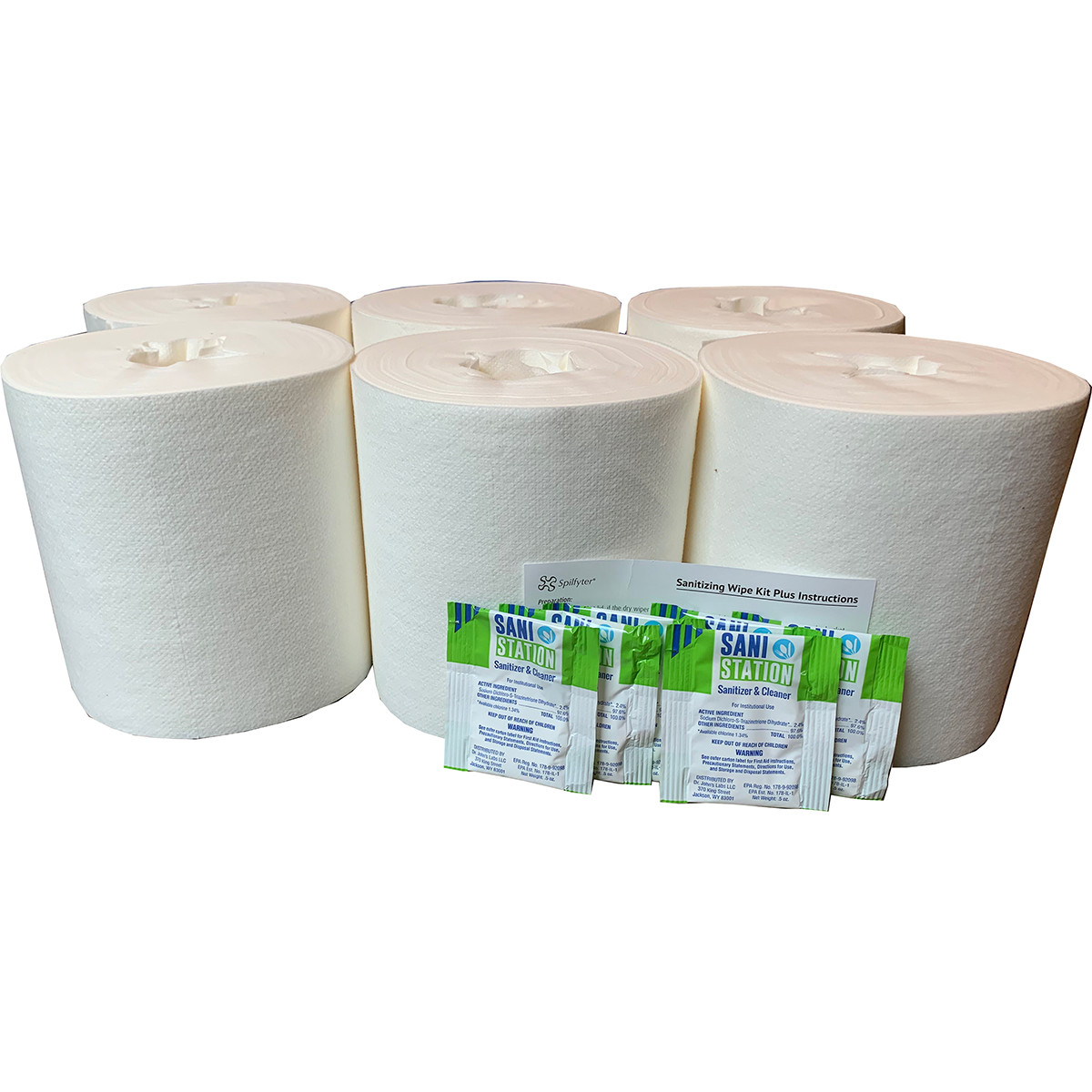 Spilfyter 74491WC Sanitizing Wipe Kit Plus Refill Includes 6 Sanitizing Cleaner Packets 300 Wipes/Roll 6 Rolls/Kit
