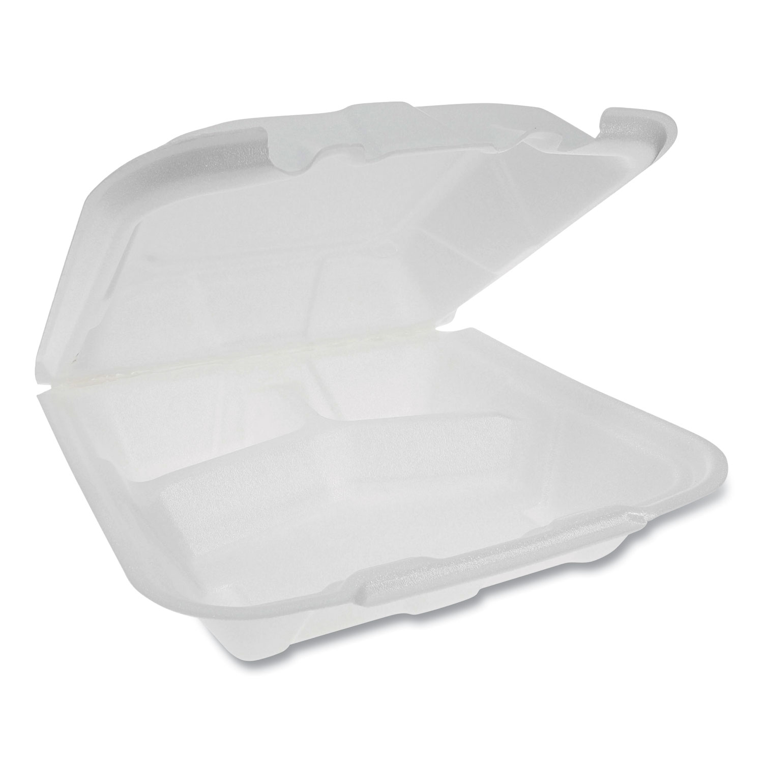 Pactiv PCTYTD19903ECON Foam Hinged Lid Containers, Dual Tab Lock Economy, 9.13 x 9 x 3.25, 3-Compartment, White, 150/Carton