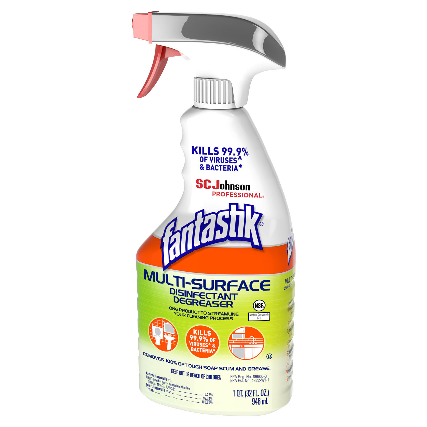 Fantastik SJN311836 Multi-Surface Disinfectant Degreaser, Herbal, 32 oz Spray Bottle, 8/Carton