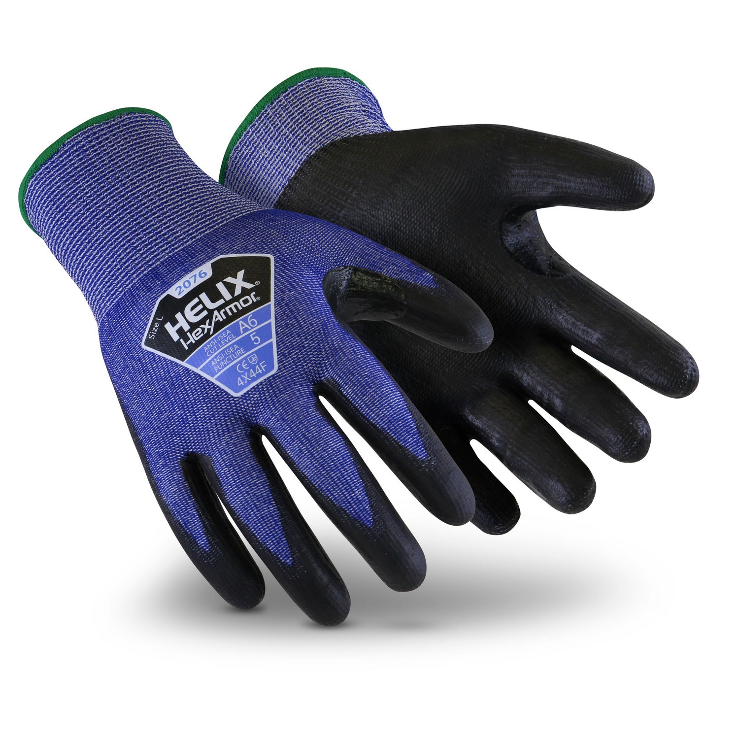 HexArmor 2076 Helix High Cut, Blue Knit Glove With PU Dip, Cut Level A6