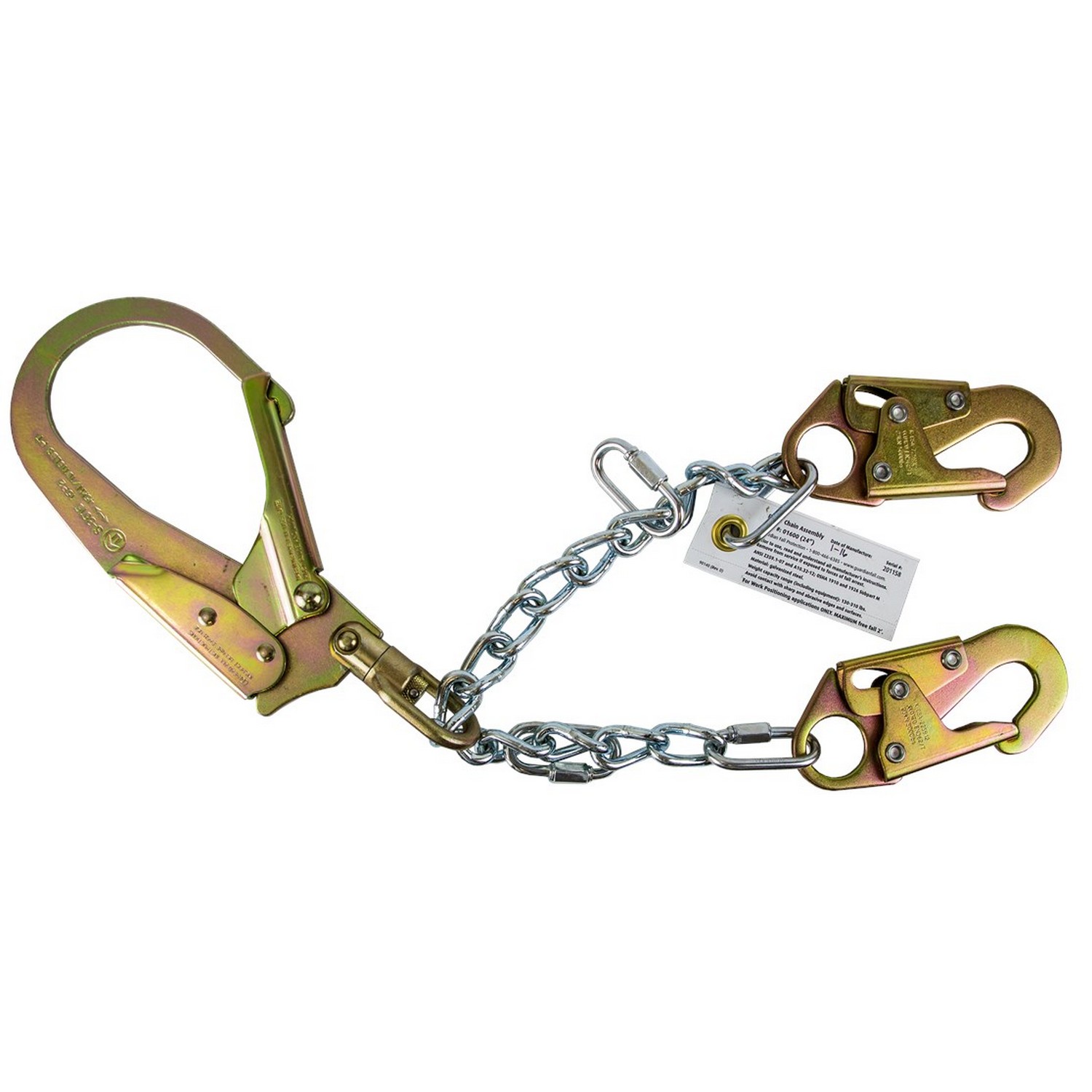 Guardian Fall Protection 01600 24 Swivel Chain Assembly w/ 2 Non-Swivel  Steel Snap Hooks & 1 Swivel Rebar Hook Rebar Positioning Device