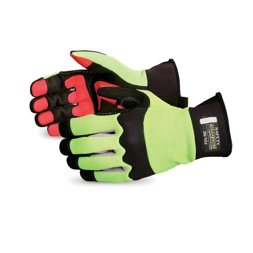 Superior Glove MXHV Clutch Gear Glove, Hi-Viz Lime Green, Red PVC Palm, Neoprene Cuff