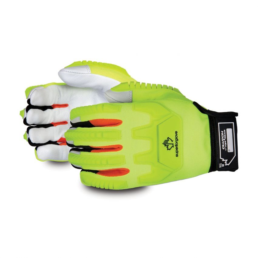 Superior Glove MXGKGHVB Clutch Gear Glove, Hi-Viz Grain Goatskin Mechanics, Blended Kevlar Lined, TPR Back, ANSI A5 Cut