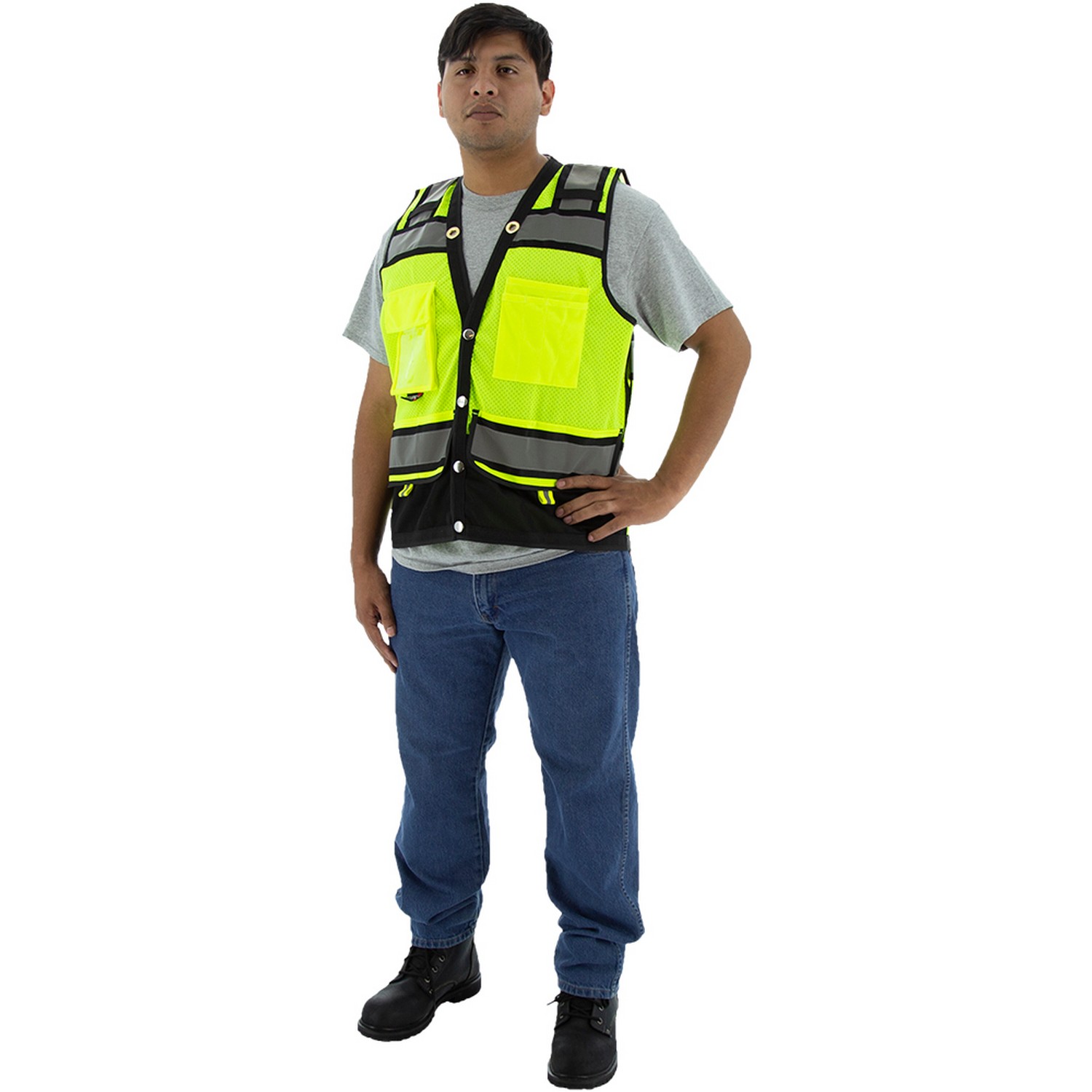 Majestic Glove 75-3237 Hi Viz Heavy Duty Surveyor's Vest with Contrasting Stripes, ANSI 2