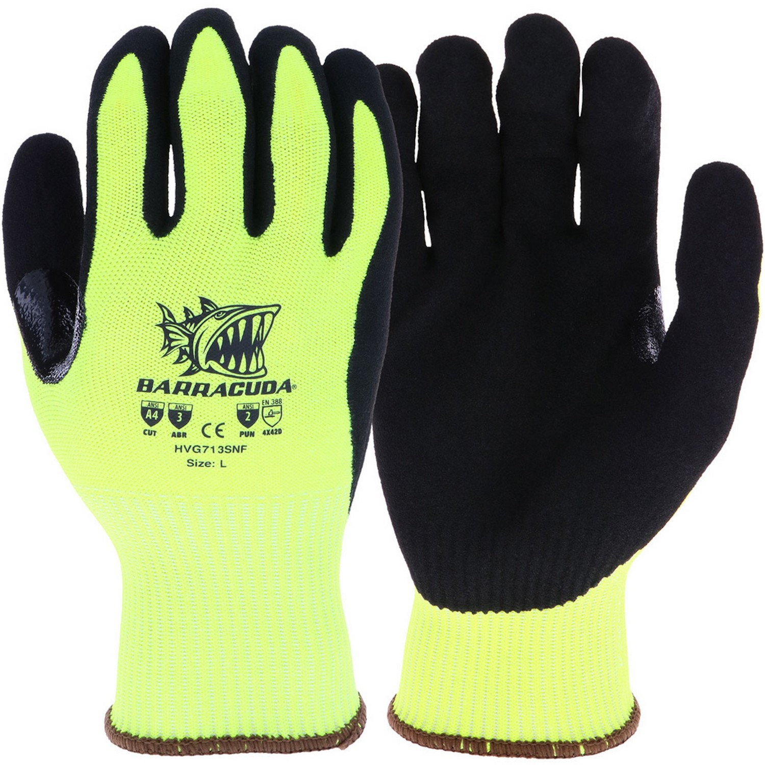 West Chester Protective Gear HVG713SNF Barracuda Hi-Vis Seamless Knit PolyKor Blended A4 Glove with Sandy Nitrile Grip