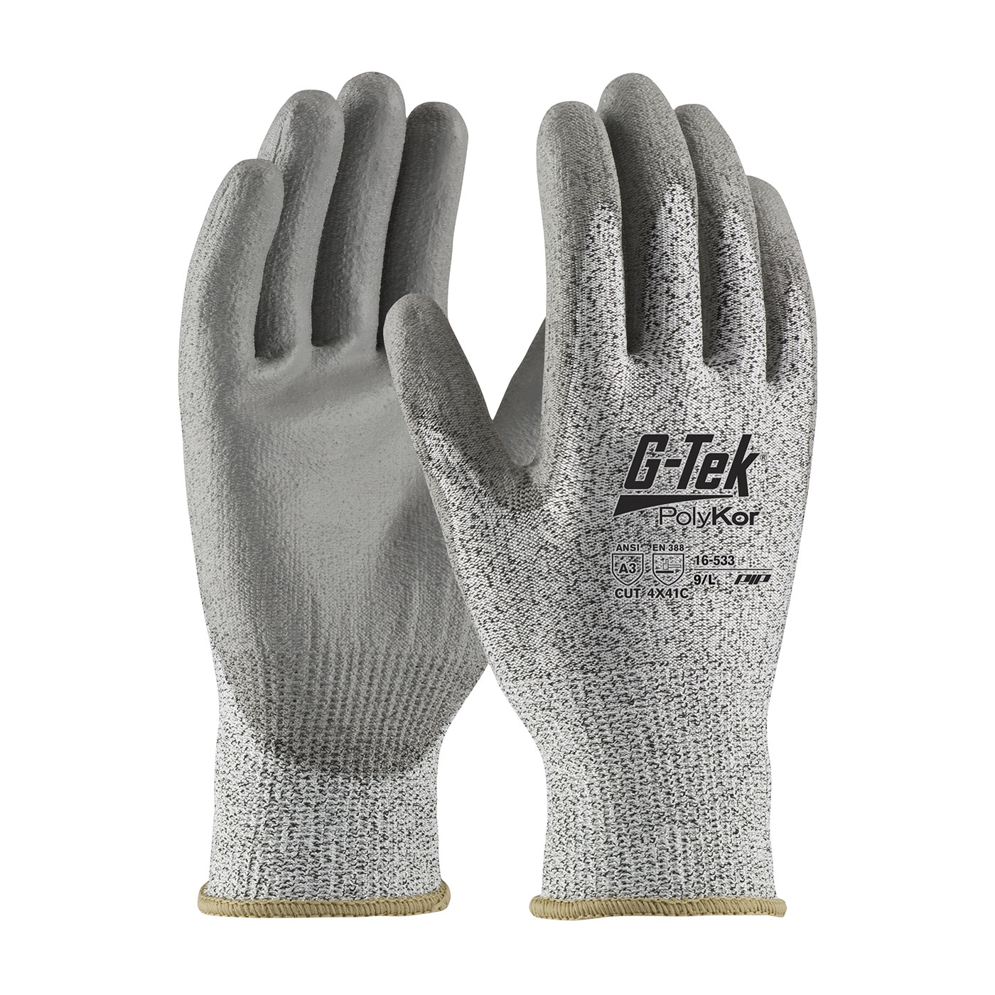 PIP 16-533 G-Tek PolyKor Industry Grade Seamless Knit PolyKor Blended Glove with Polyurethane Coated Flat Grip on Palm & Fingers - Bulk Pack