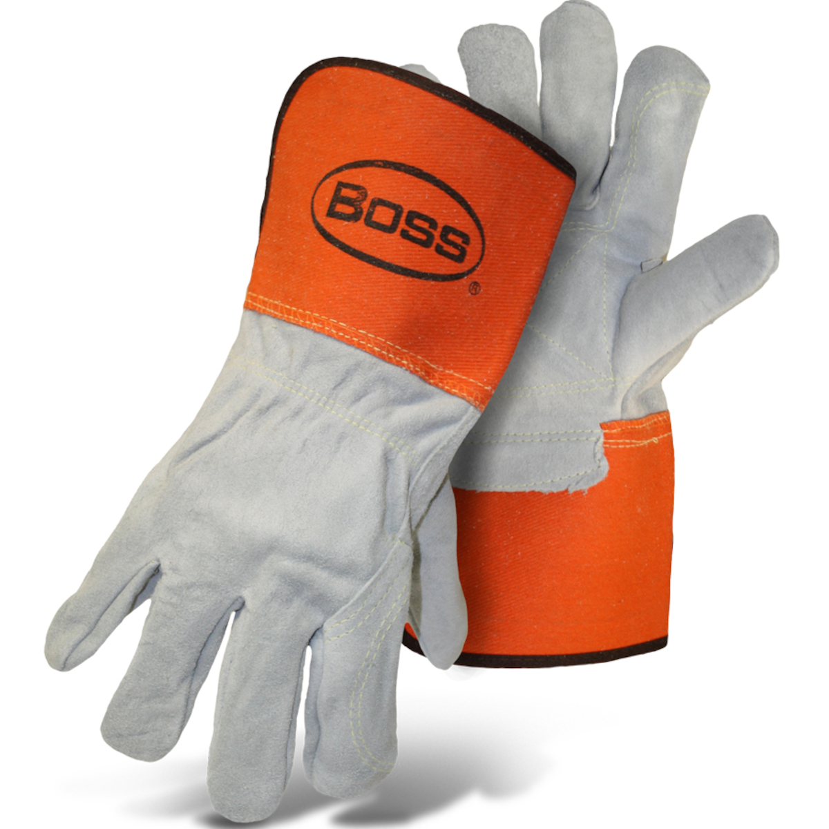 PIP 1JL2396L Boss Premium Grade Split Cowhide Leather Double Palm Glove with Full Leather Back - Rubberized Gauntlet Cuff