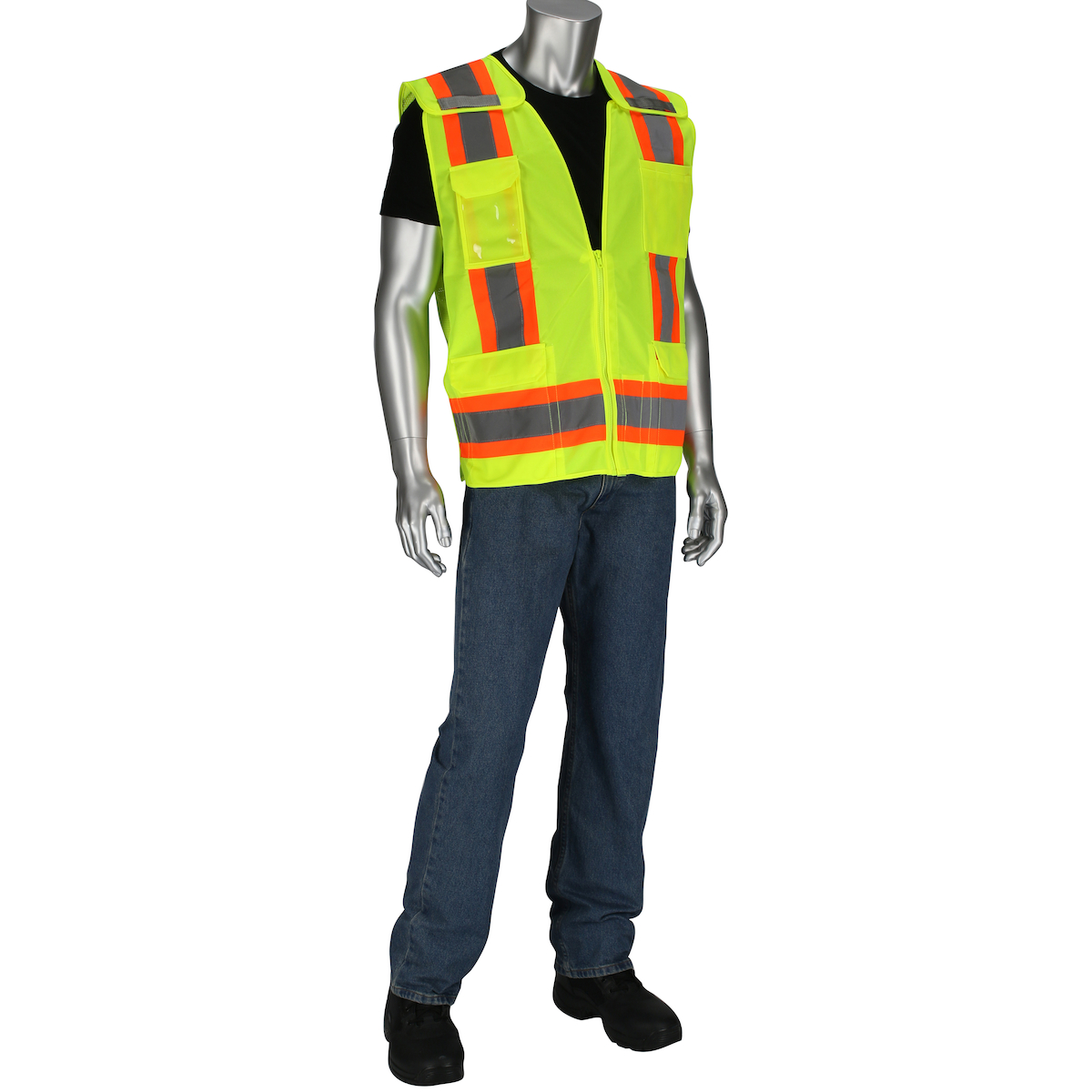 PIP 302-0505-LY ANSI Type R Class 2 Solid/Mesh Vest, Zipper, 8 Pockets, Mic Tab Hi-Vis Yellow