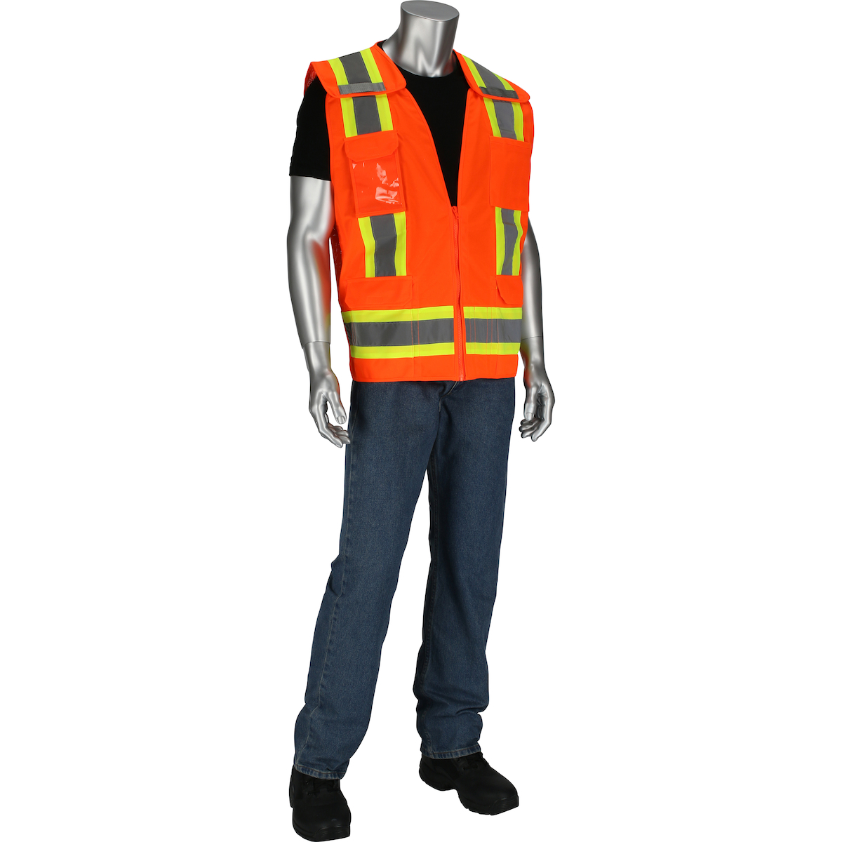 PIP 302-0505-OR ANSI Type R Class 2 Solid/Mesh Vest, Zipper, 8 Pockets, Mic Tab Hi-Vis Orange