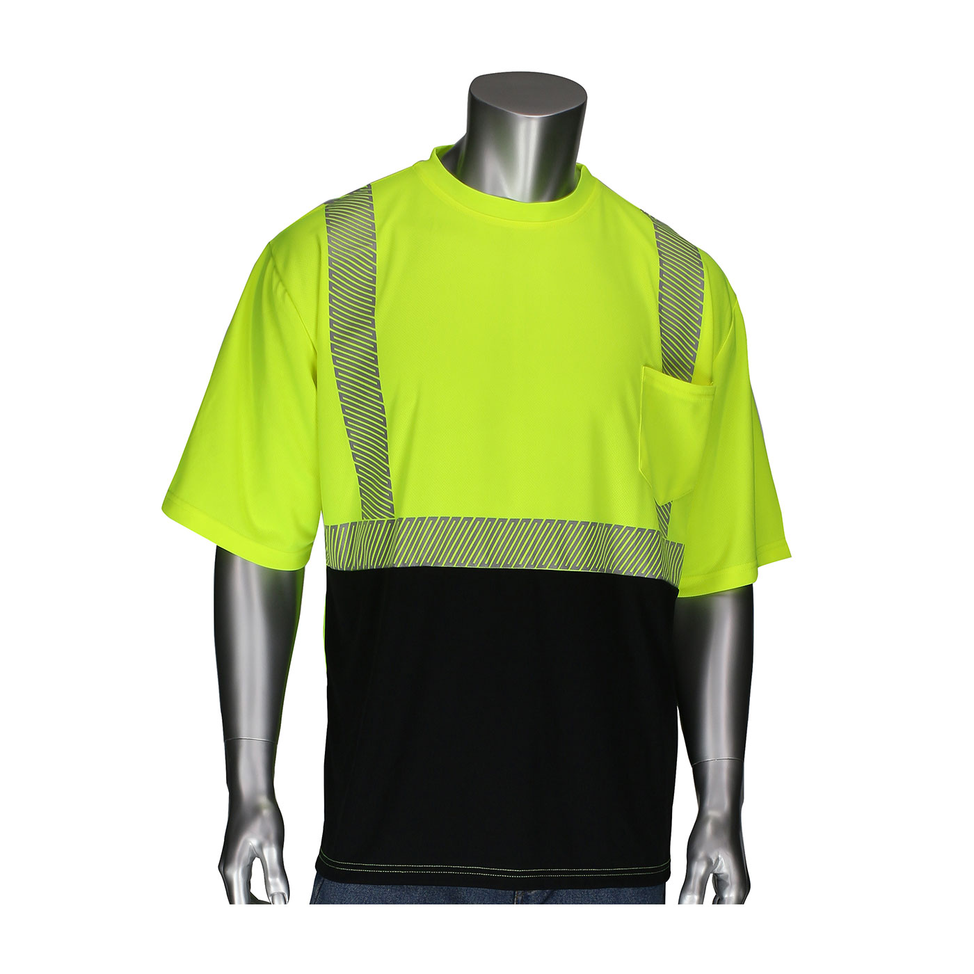 PIP 312-1275B-LY ANSI Type R Class 2 Short Sleeve T-Shirt with Black Bottom Front Hi-Vis Yellow