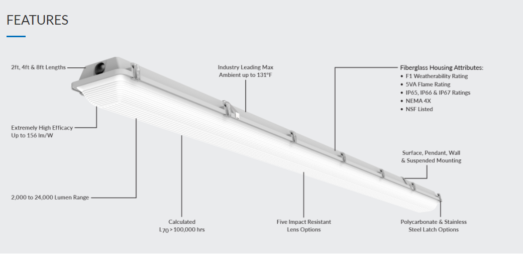 ILP WTZ4-5L-U-50-RAFL 38 Watt LED 4' Narrow Linear Vapor Tight Fixture 120-277V 5000K 5201 Lumens
