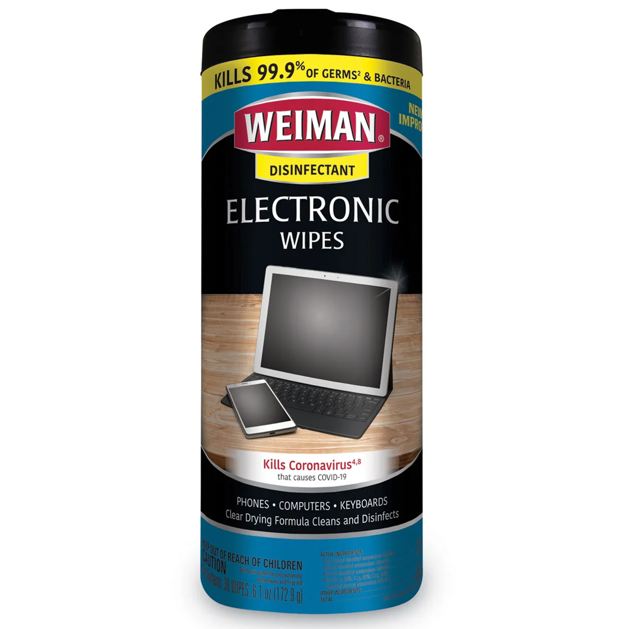 Weiman WMN93ACT E-tronic Disinfecting Electronic Screen Wipes, 7 x 8, White, 30/Canister, 4/Case